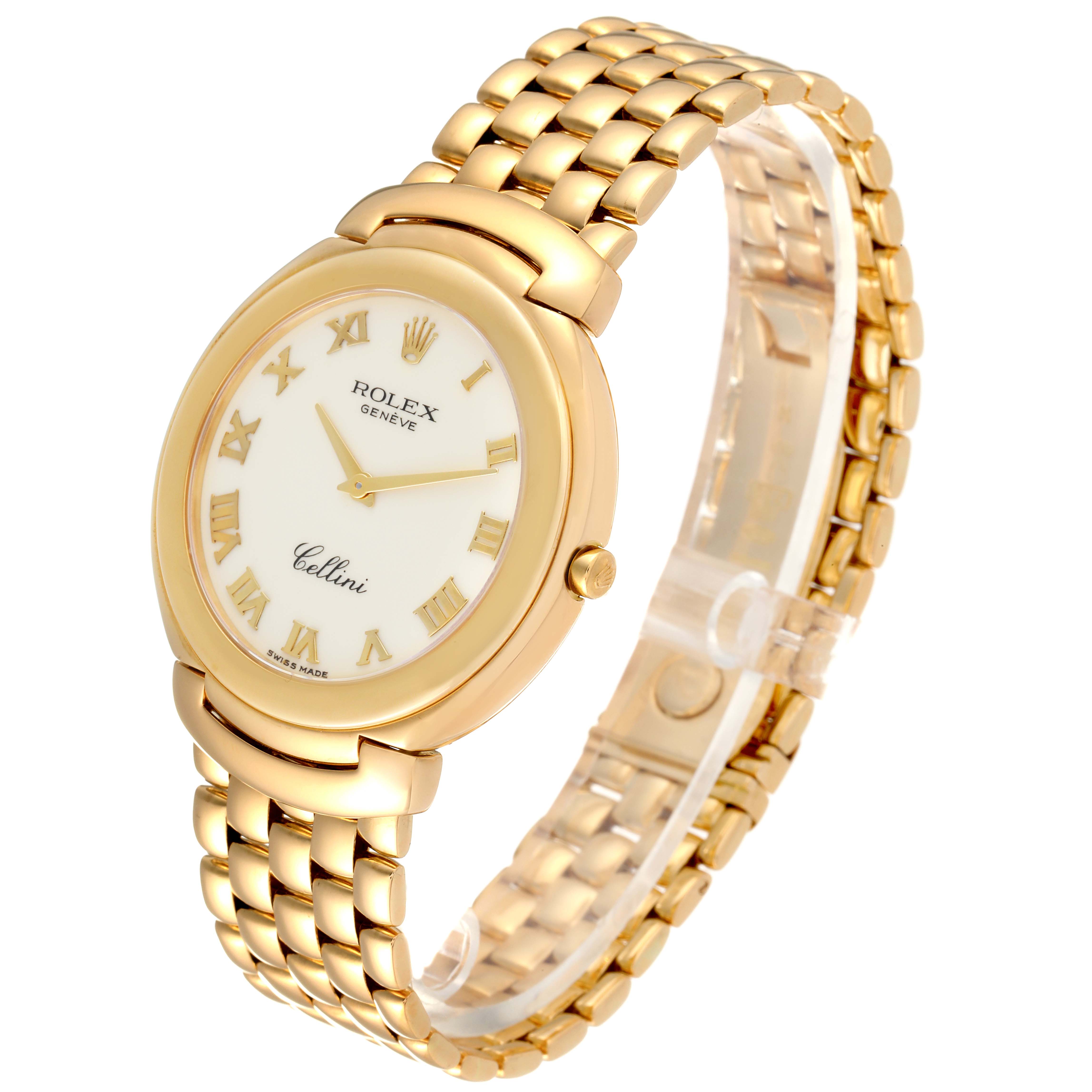 The image shows a Rolex Cellini 6623 Men's Yellow Gold Beige Dial 6623 Men's Yellow Gold Beige Dial watch at a three-quarter view, highlighting its gold bracelet, round case, and white dial with gold Roman numerals.