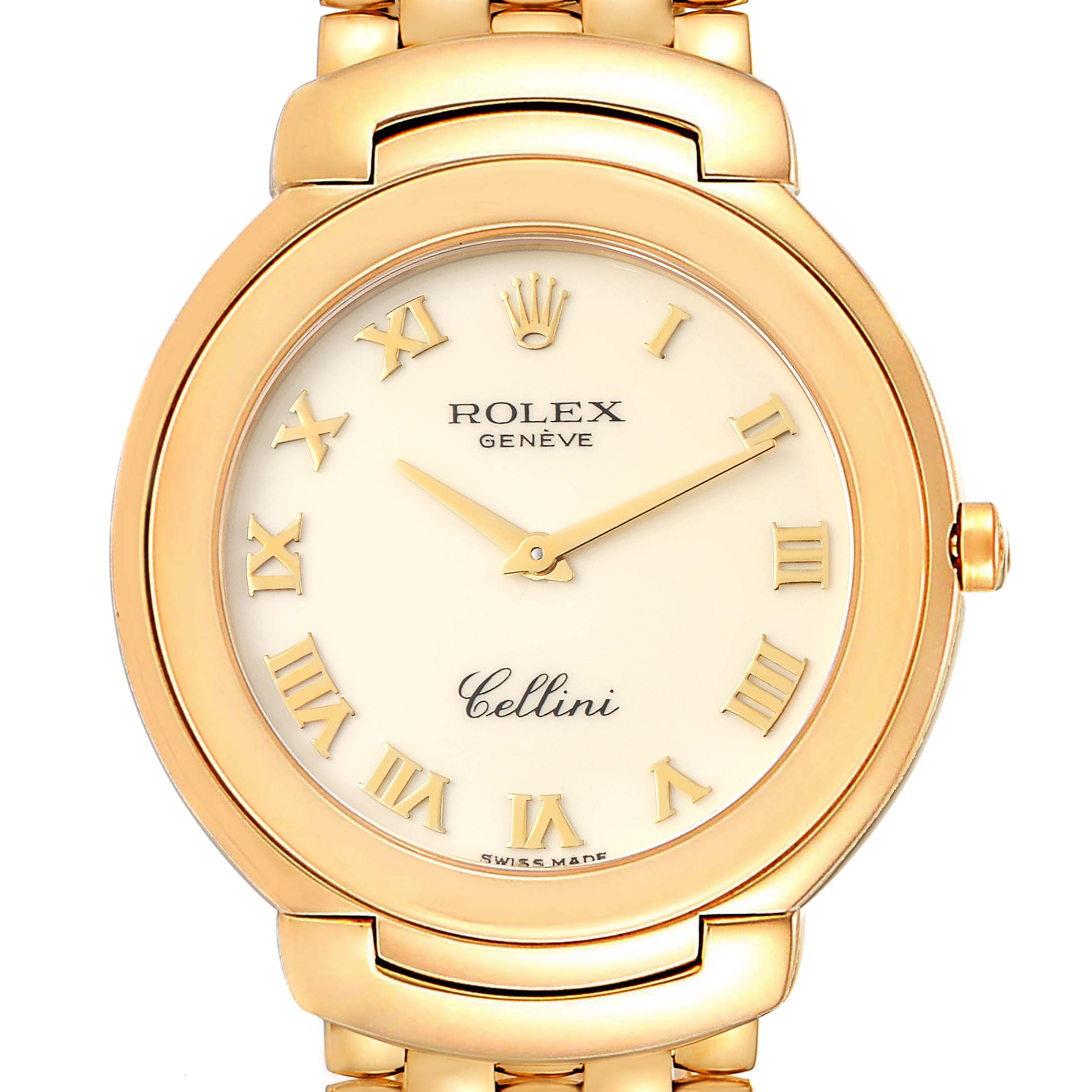 The image shows a front view of a Rolex Cellini 6623 Men's Yellow Gold Beige Dial 6623 Men's Yellow Gold Beige Dial watch, highlighting the dial, Roman numerals, and part of the bracelet.
