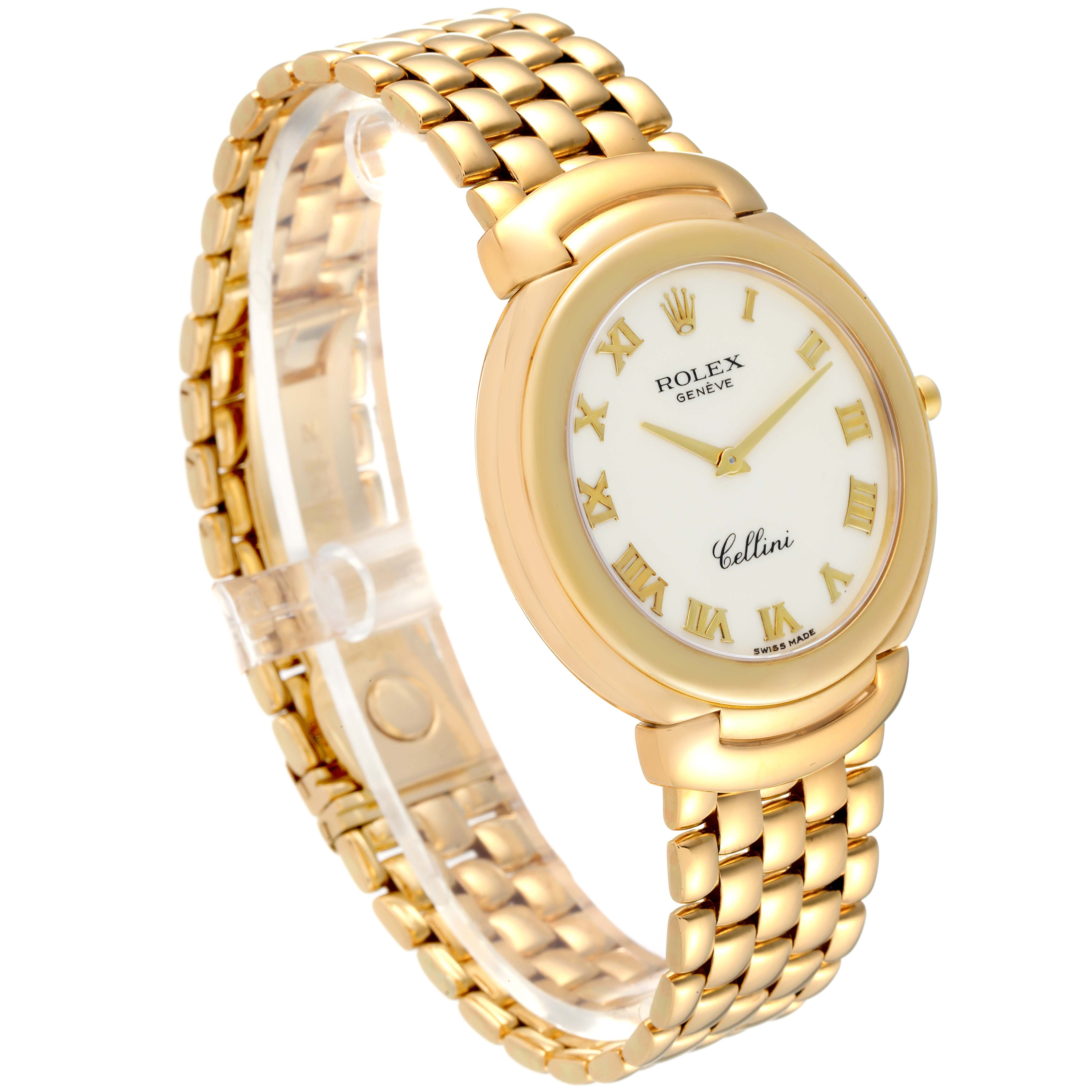 The image shows a Rolex Cellini 6623 Men's Yellow Gold Beige Dial 6623 Men's Yellow Gold Beige Dial watch angled to display its gold band, round face with Roman numerals, and white dial.