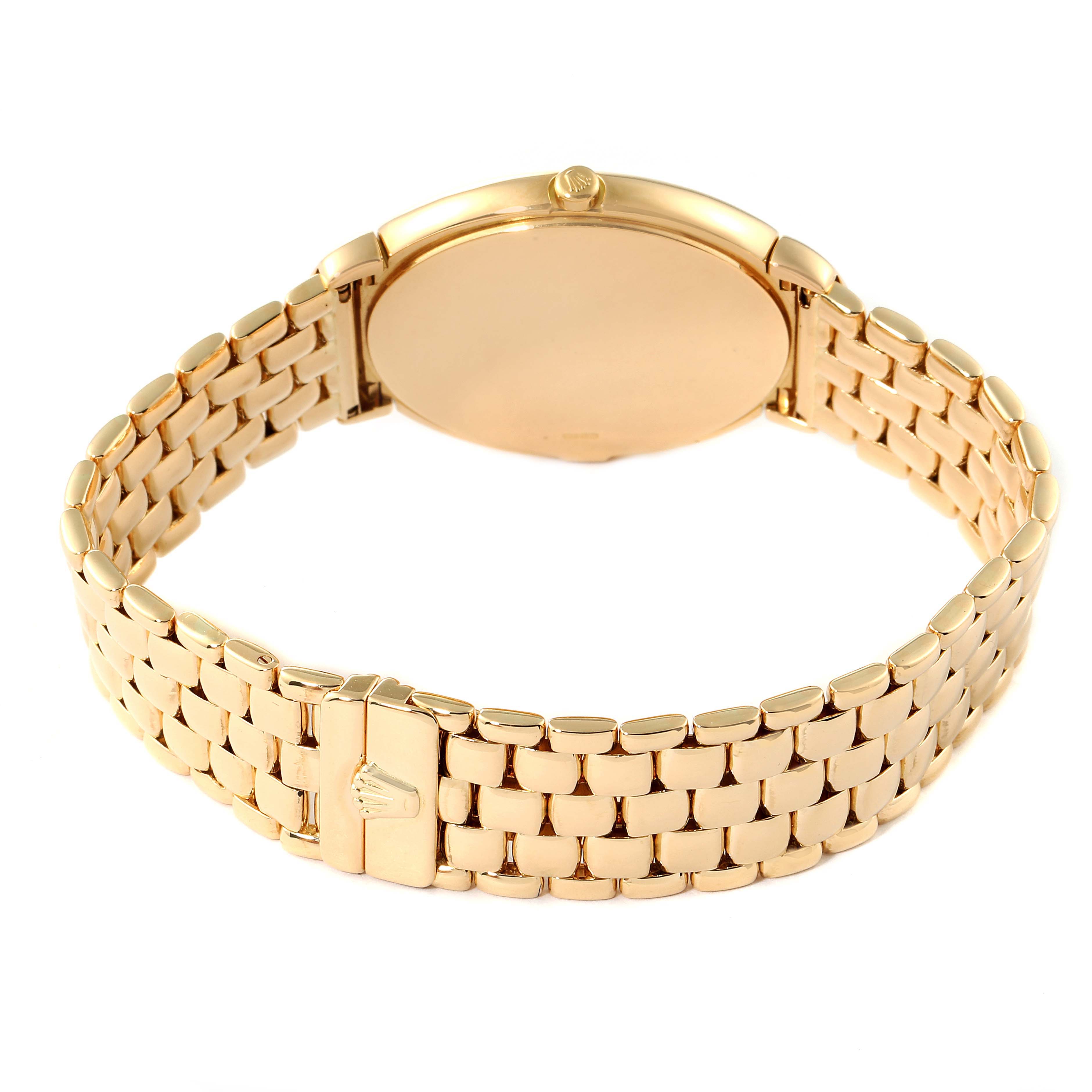 This image shows the back view of a Rolex Cellini 6623 Men's Yellow Gold Beige Dial 6623 Men's Yellow Gold Beige Dial watch, highlighting its gold bracelet and clasp.