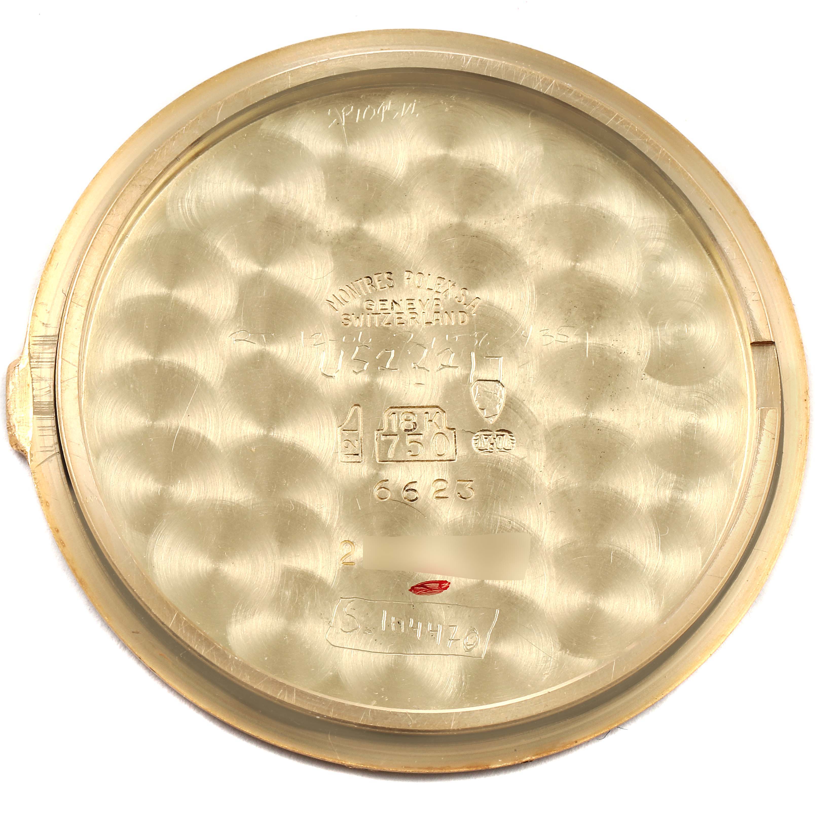 The image shows the inner case back of a Rolex Cellini 6623 Men's Yellow Gold Beige Dial 6623 Men's Yellow Gold Beige Dial watch, displaying various engravings and hallmarks.