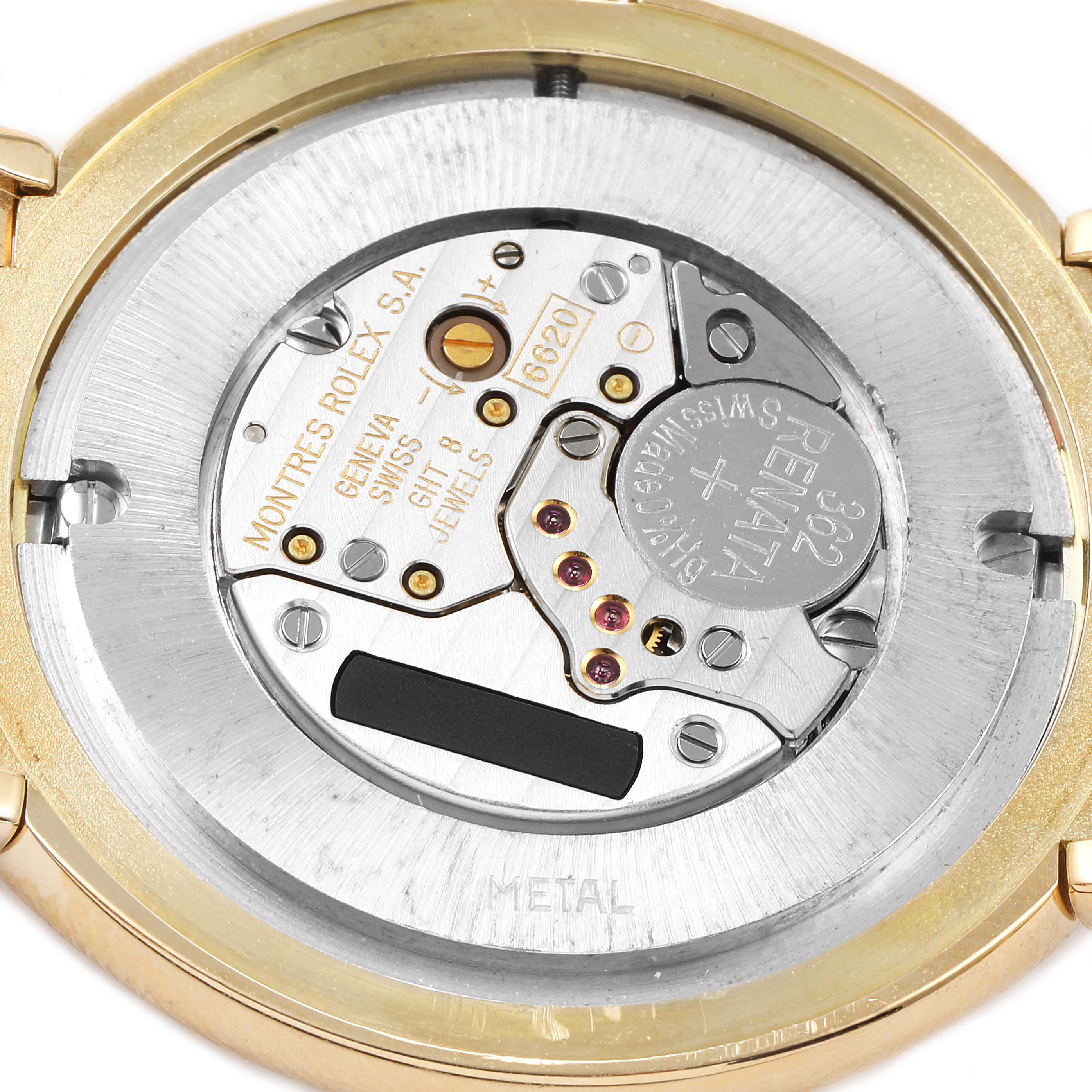 The image shows the back of a Rolex Cellini 6623 Men's Yellow Gold Beige Dial 6623 Men's Yellow Gold Beige Dial watch, revealing the internal mechanical movement components.