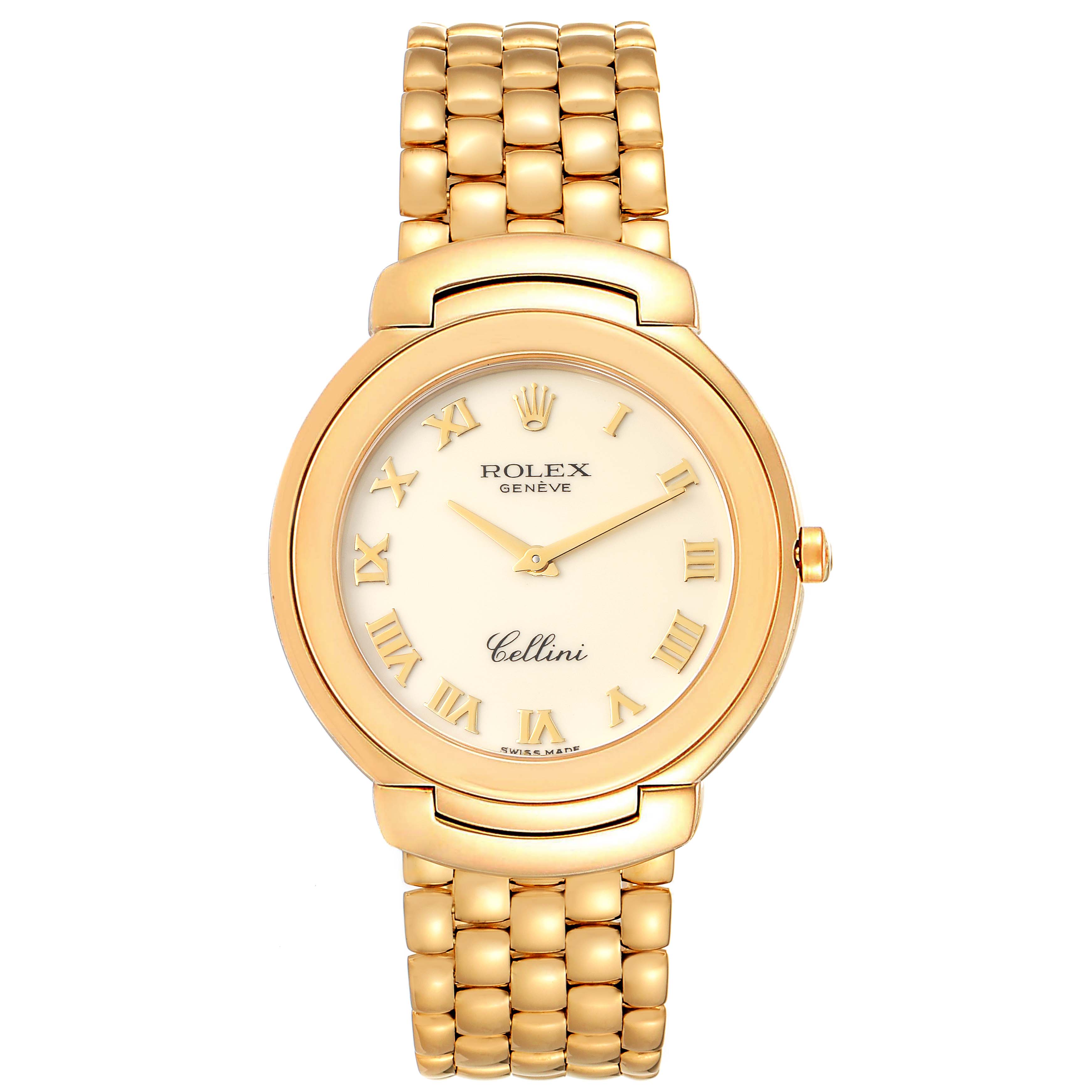 The image shows a frontal view of a Rolex Cellini 6623 Men's Yellow Gold Beige Dial 6623 Men's Yellow Gold Beige Dial watch with a gold bracelet and Roman numeral markers.