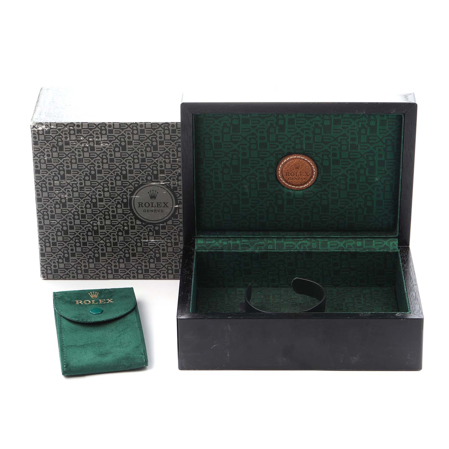 The image shows packaging accessories for a Rolex Cellini 6623 Men's Yellow Gold Champagne Dial 6623 Men's Yellow Gold Champagne Dial watch, including a box, an outer sleeve, and a pouch.