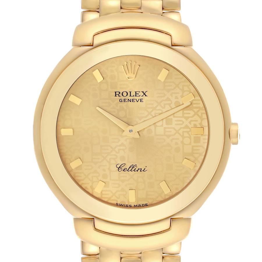 The Rolex Cellini watch is shown from a front angle, highlighting its gold dial, hands, and bracelet.