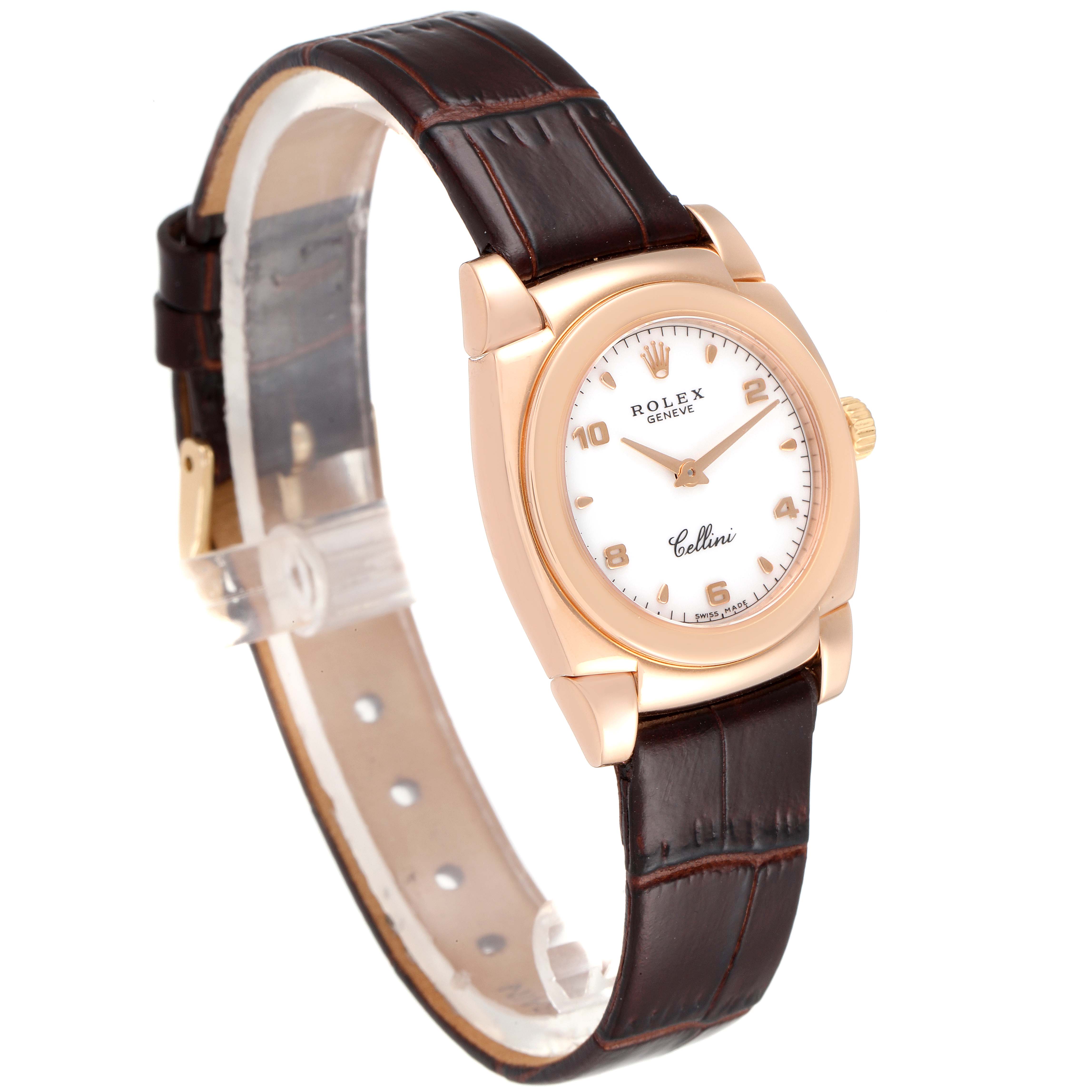 The image shows a front view of a Rolex Cellini 5310 Women's Rose Gold White Dial 5310 Women's Rose Gold White Dial watch, highlighting its face, bezel, and leather strap.