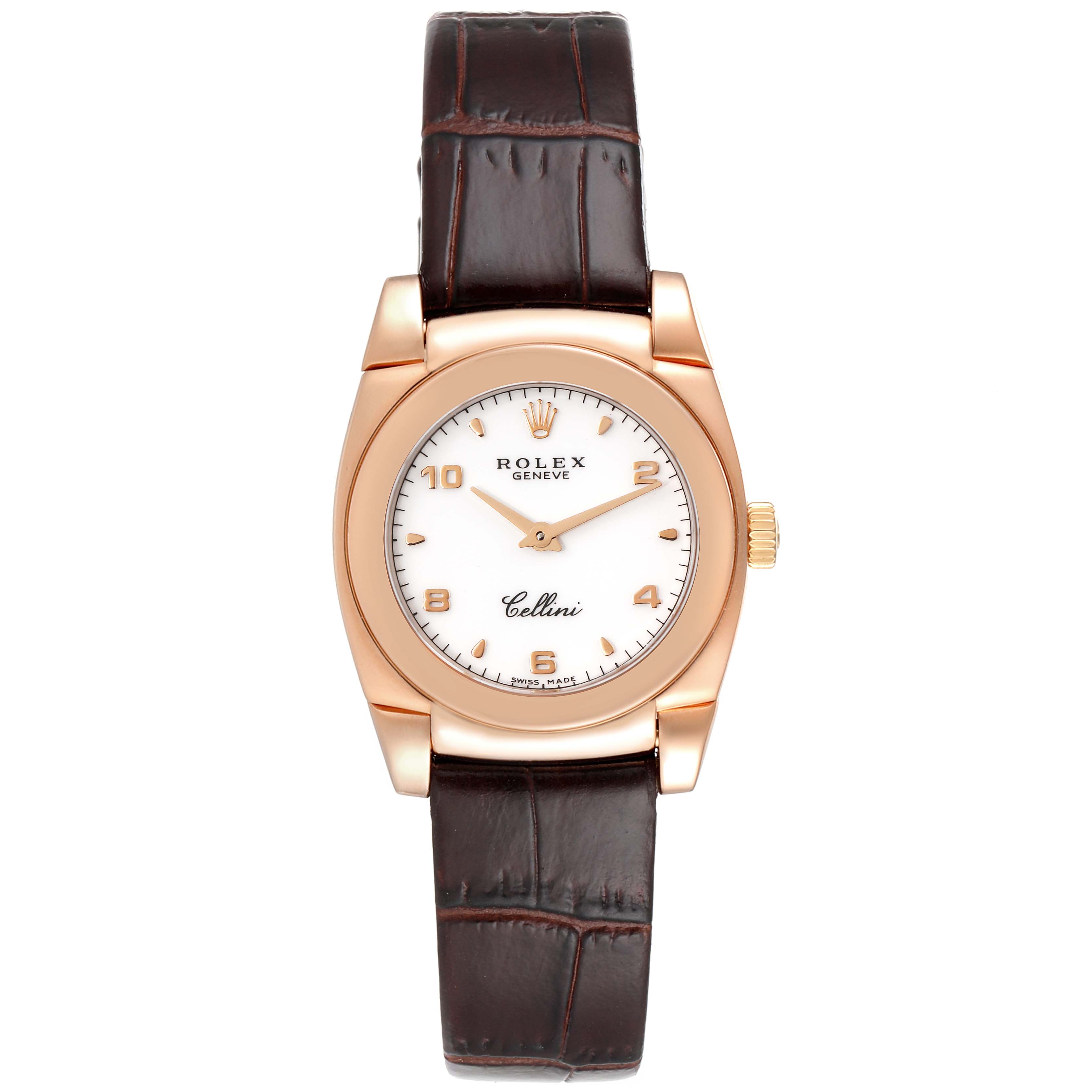 The image shows a front view of a Rolex Cellini 5310 Women's Rose Gold White Dial 5310 Women's Rose Gold White Dial watch, featuring its dial, case, crown, and leather strap.