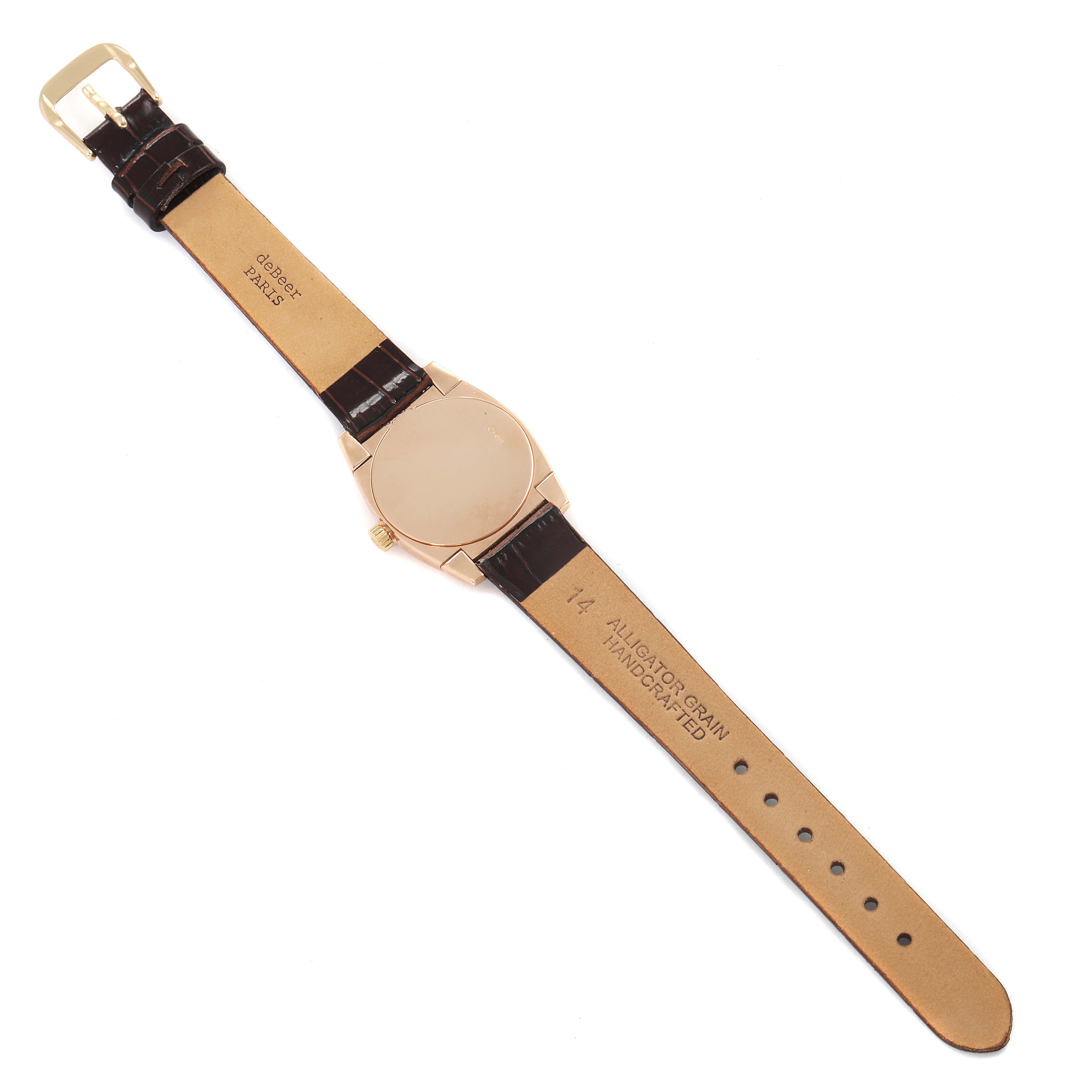 The image shows the back view of a Rolex Cellini 5310 Women's Rose Gold White Dial 5310 Women's Rose Gold White Dial watch, featuring the watch case and alligator grain leather strap.