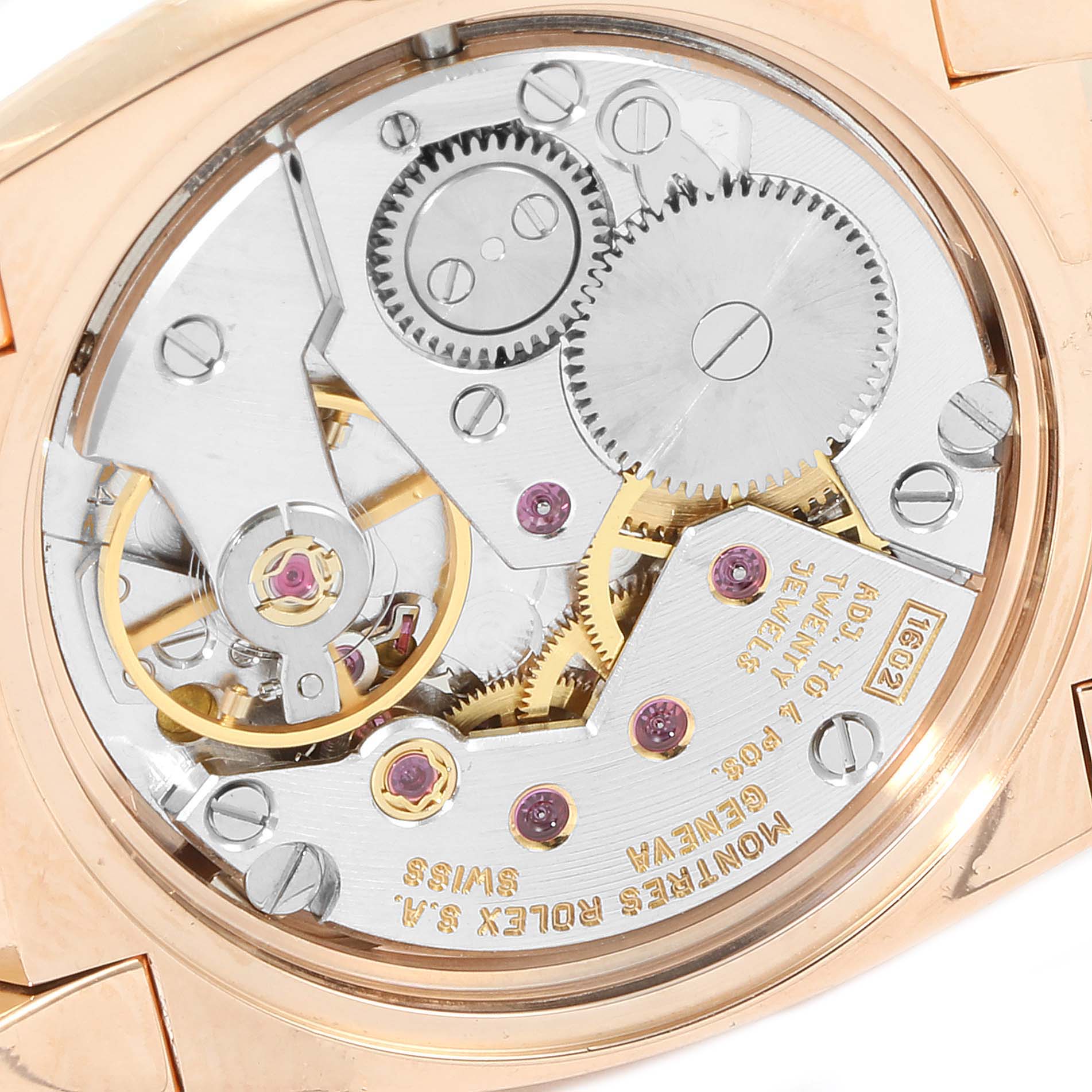 This is a close-up view of the movement and internal mechanisms of a Rolex Cellini 5310 Women's Rose Gold White Dial 5310 Women's Rose Gold White Dial watch.