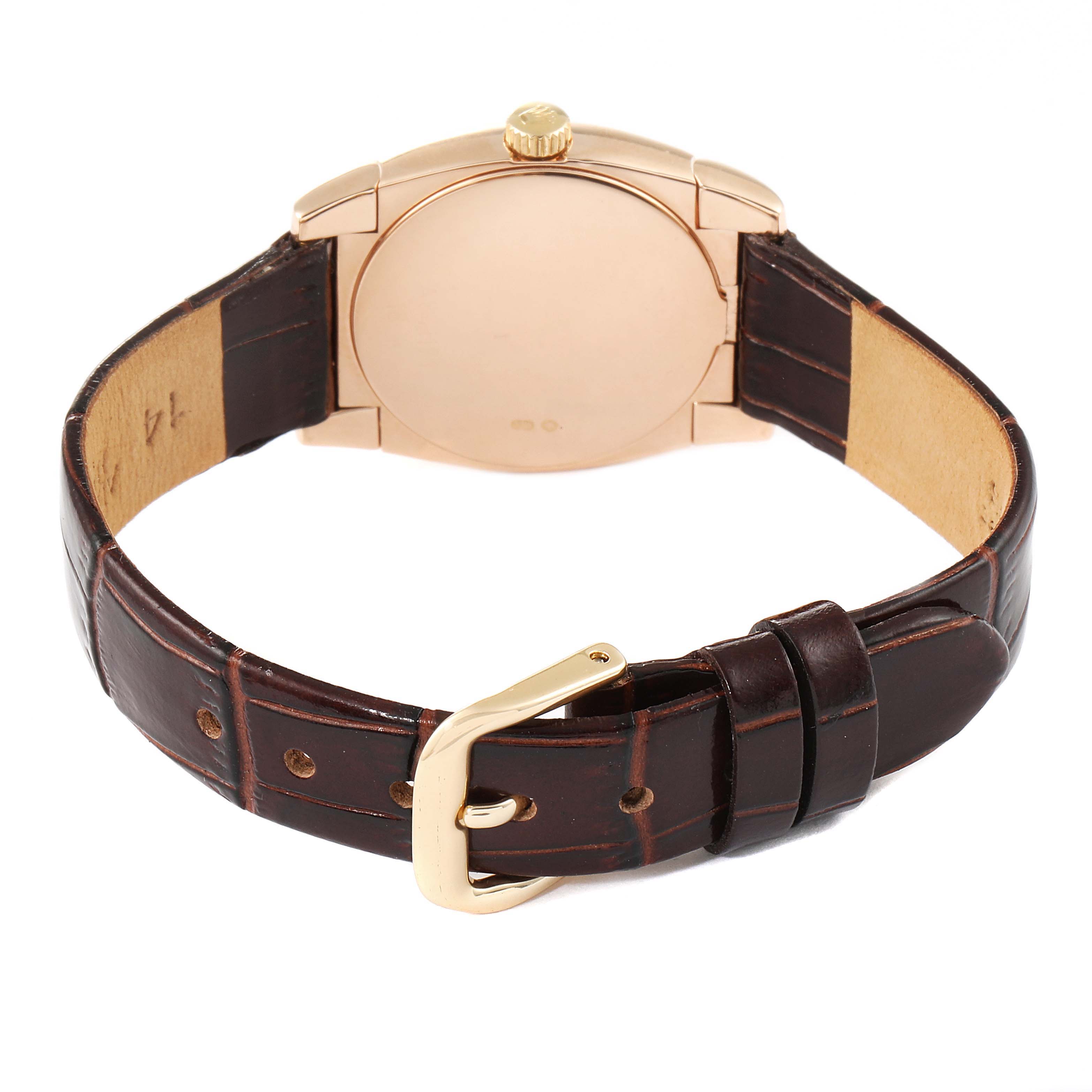 The image shows the back view of a Rolex Cellini 5310 Women's Rose Gold White Dial 5310 Women's Rose Gold White Dial watch, highlighting its brown leather strap and gold buckle.