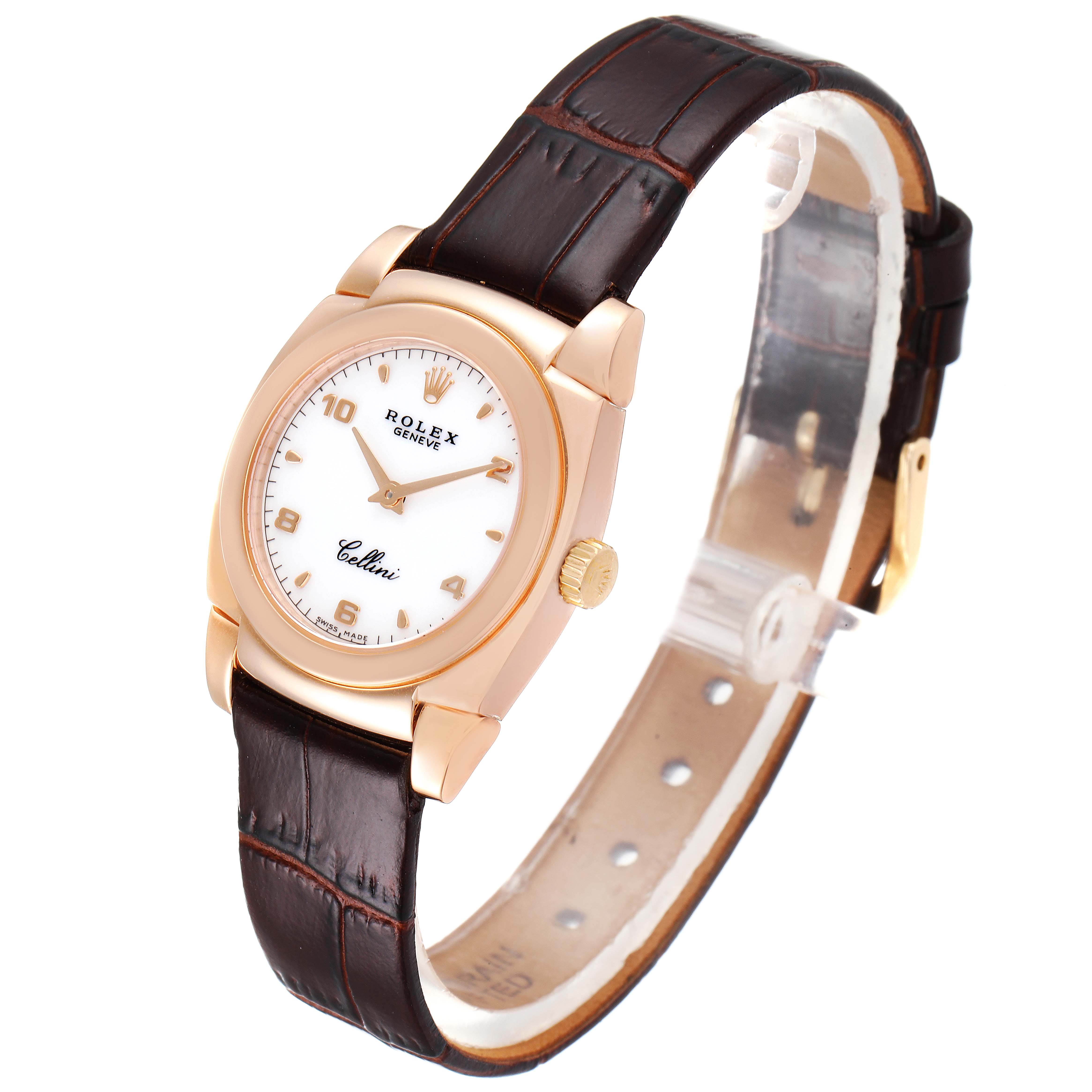 The image displays a Rolex Cellini 5310 Women's Rose Gold White Dial 5310 Women's Rose Gold White Dial watch from a front angle, showcasing the dial, case, and leather strap.