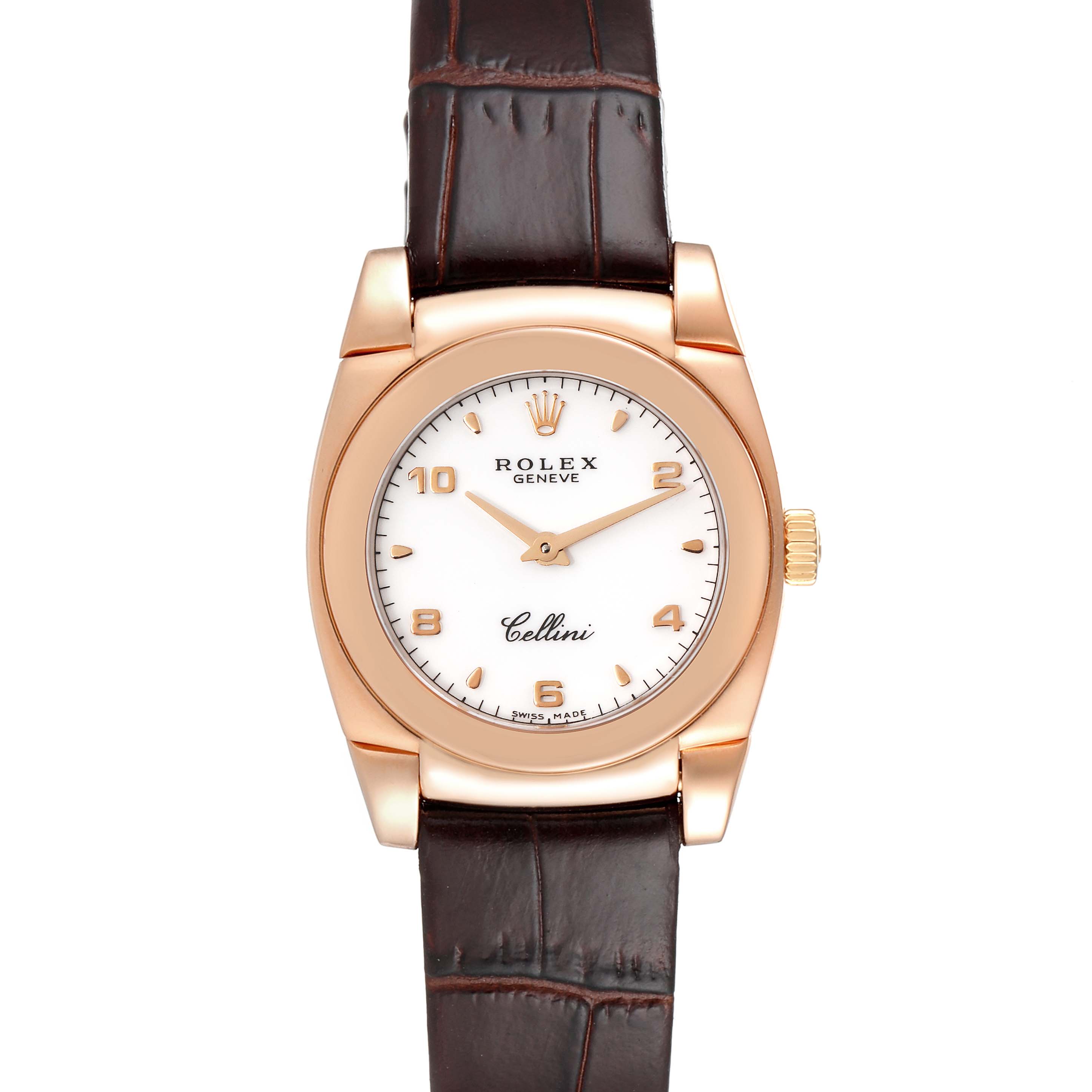 This image shows a front view of a Rolex Cellini 5310 Women's Rose Gold White Dial 5310 Women's Rose Gold White Dial watch with a brown leather strap and a rose gold bezel.