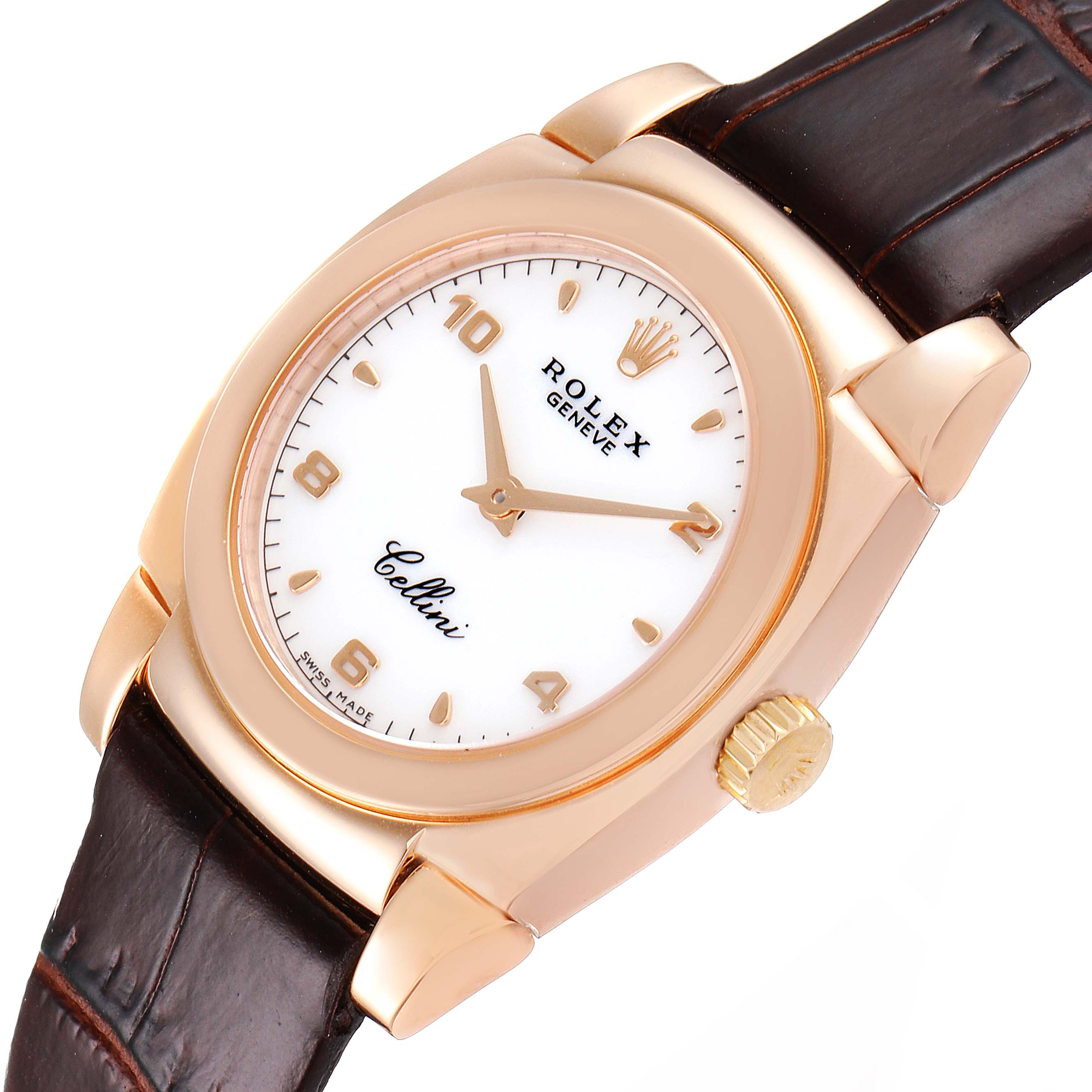 The image shows a Rolex Cellini 5310 Women's Rose Gold White Dial 5310 Women's Rose Gold White Dial watch angled slightly to display its face, rose gold case, crown, and brown leather strap.
