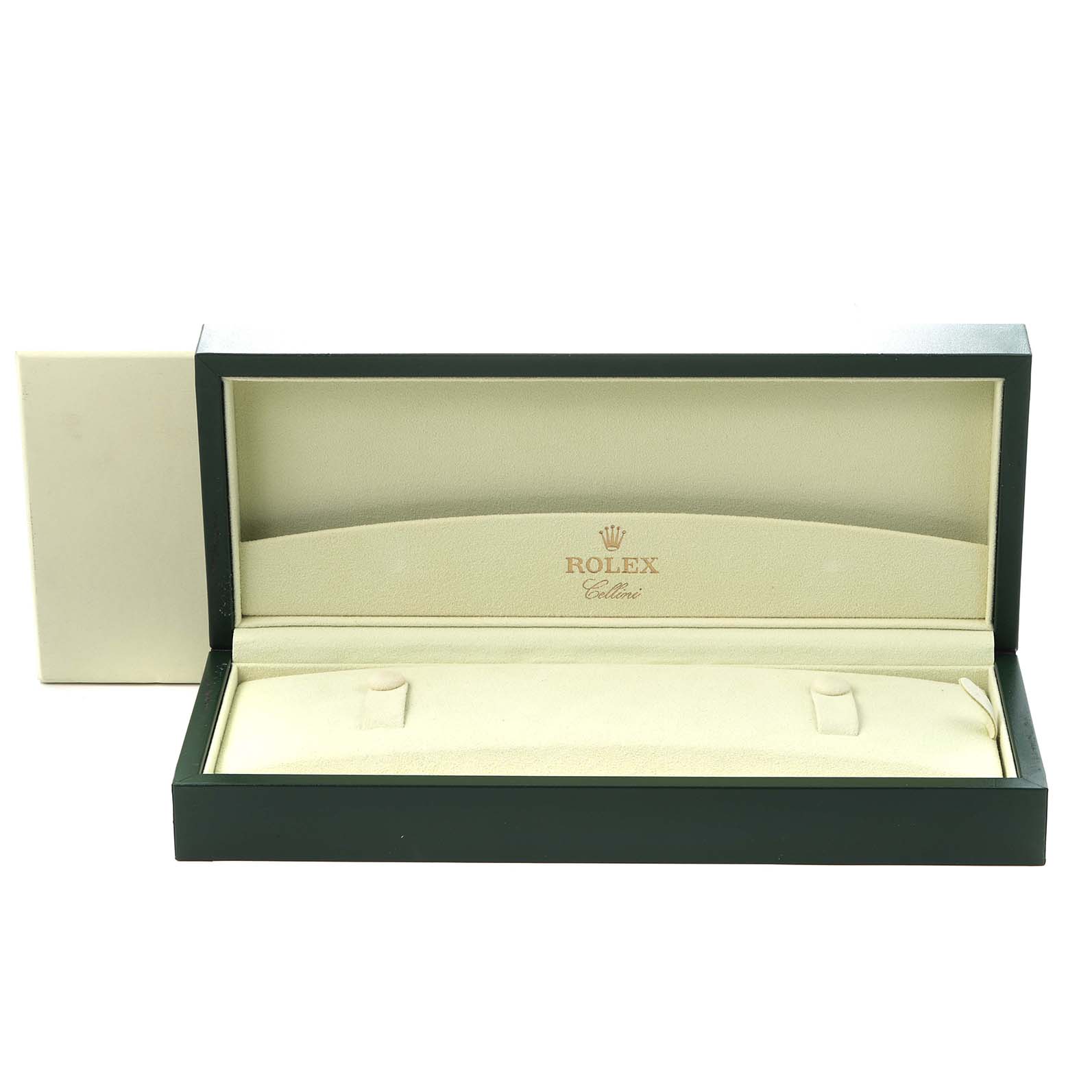 The image shows an open Rolex Cellini 50519 Men's White Gold Silver Dial 50519 Men's White Gold Silver Dial watch box, viewed from the front, displaying its interior lined with cream fabric.