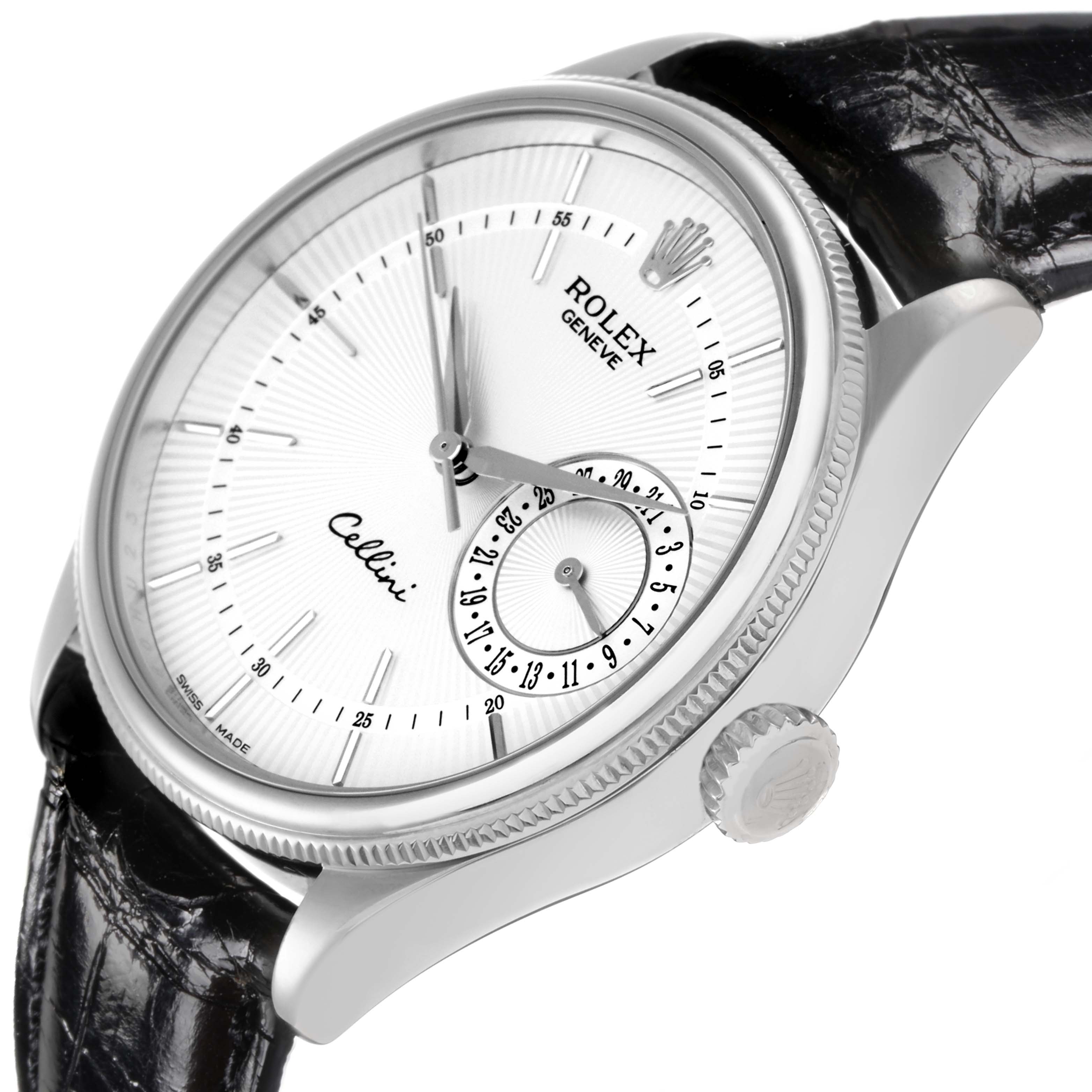 The Rolex Cellini 50519 Men's White Gold Silver Dial 50519 Men's White Gold Silver Dial watch is shown at a three-quarter angle, displaying the face, crown, and a black leather strap.