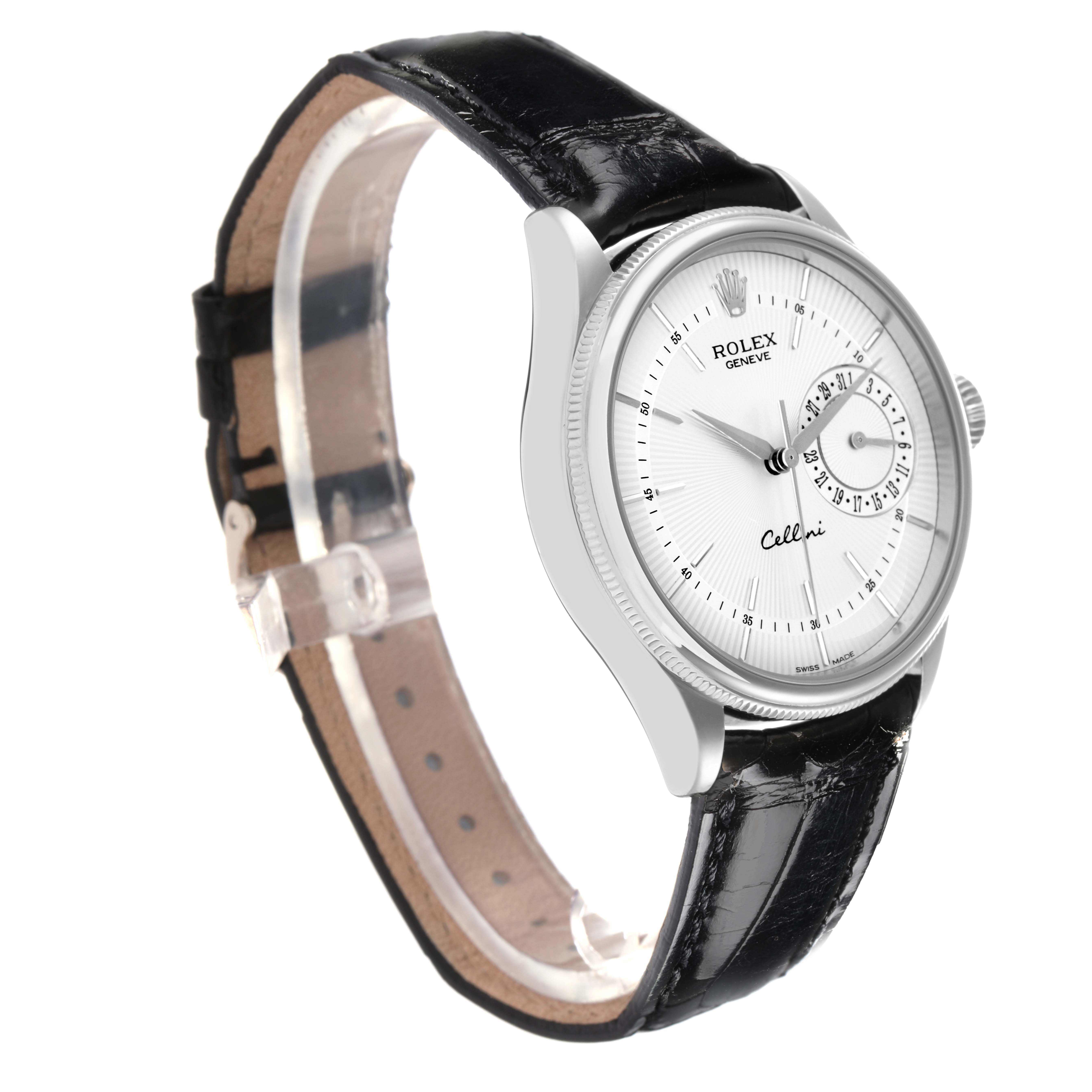 The Rolex Cellini 50519 Men's White Gold Silver Dial 50519 Men's White Gold Silver Dial watch is shown at a side angle, featuring its face, bezel, crown, and leather strap.