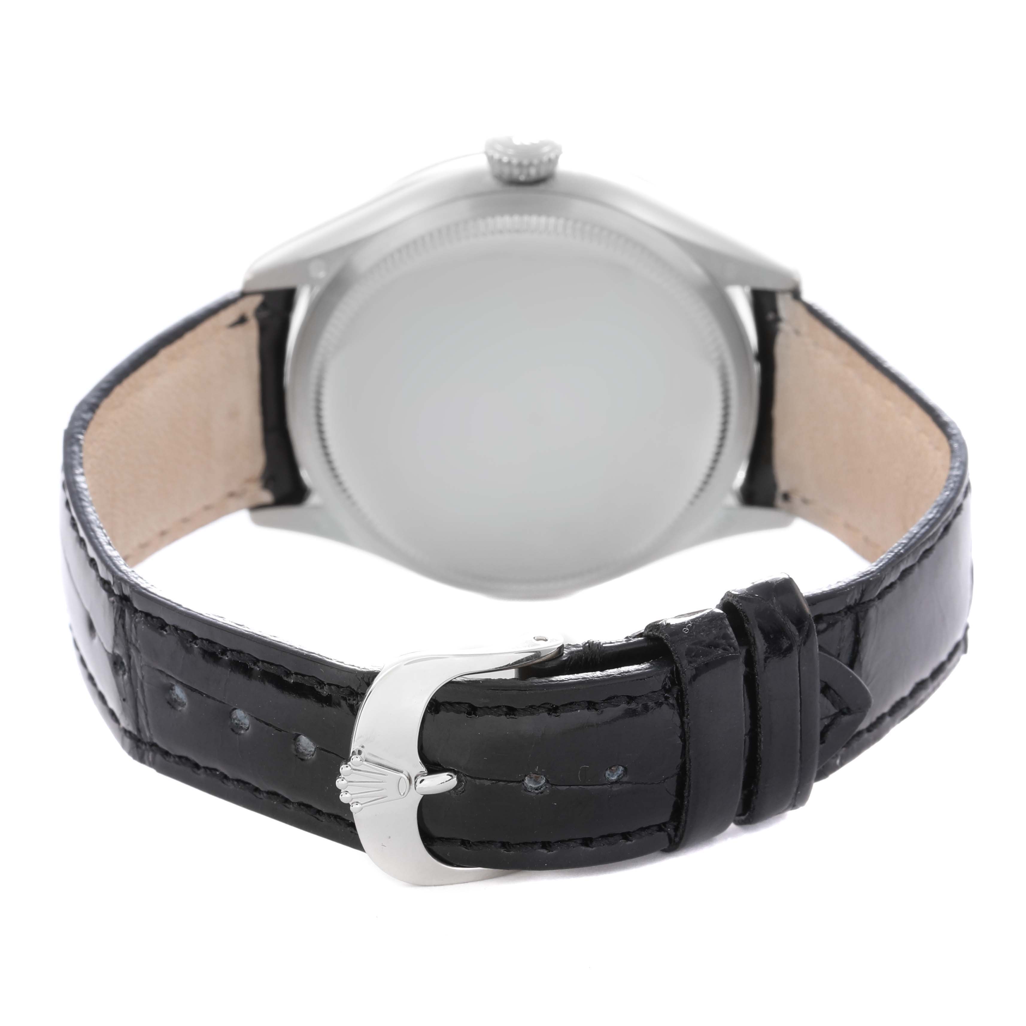 The image shows the back of a Rolex Cellini 50519 Men's White Gold Silver Dial 50519 Men's White Gold Silver Dial watch, highlighting the strap and clasp from the rear angle.