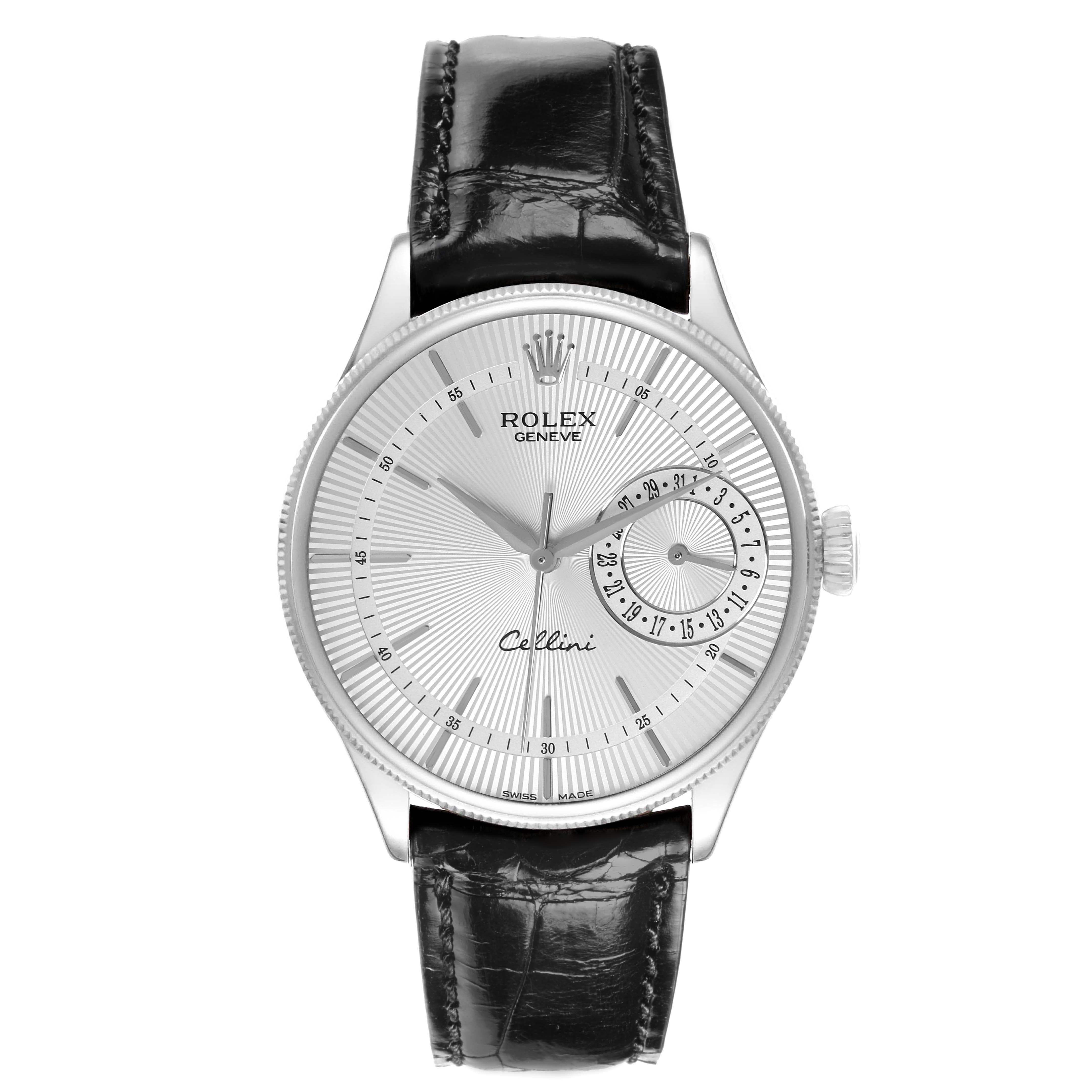 The Rolex Cellini 50519 Men's White Gold Silver Dial 50519 Men's White Gold Silver Dial watch is shown from a front angle, featuring the dial, case, and leather strap.