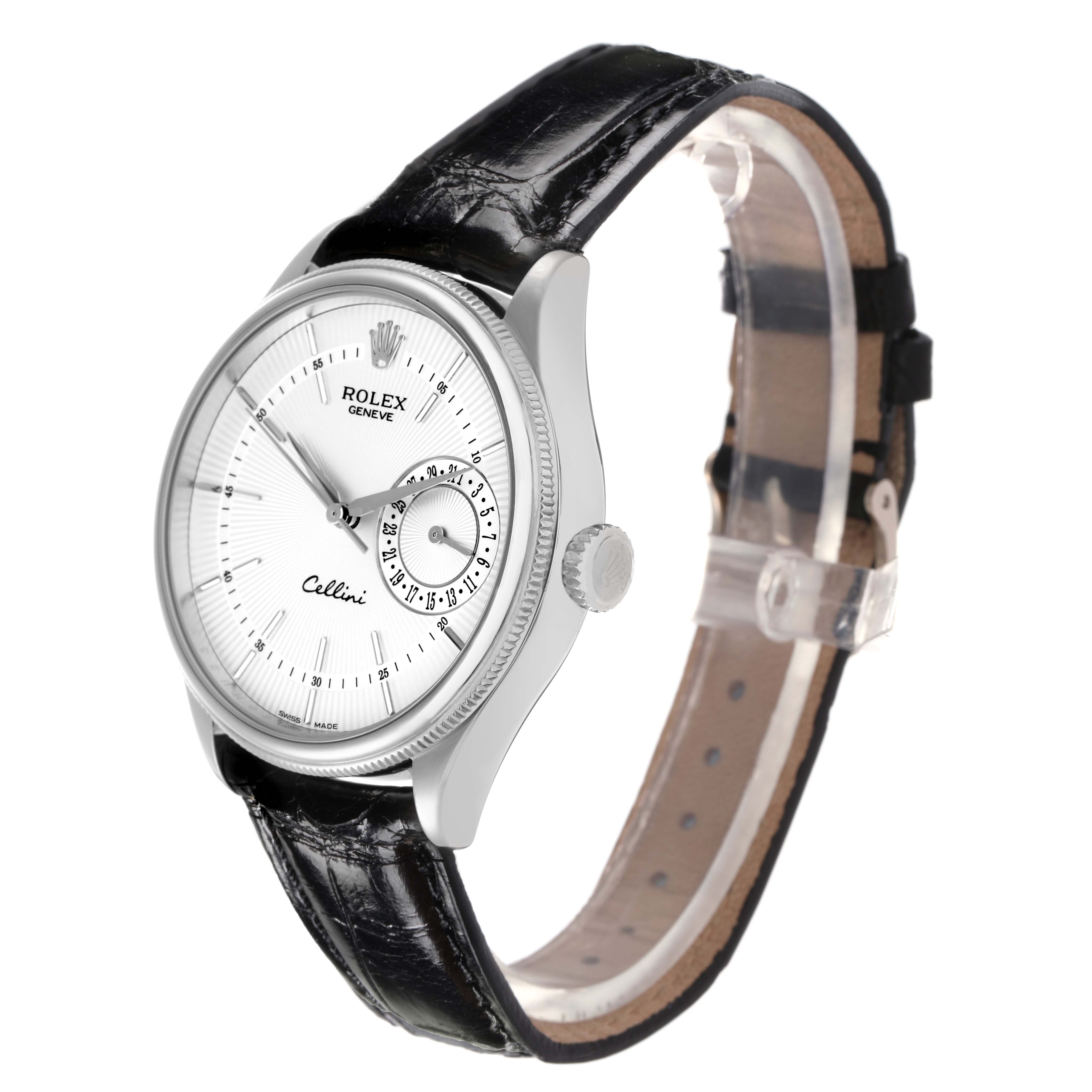 The Rolex Cellini 50519 Men's White Gold Silver Dial 50519 Men's White Gold Silver Dial watch is shown at a three-quarter angle, displaying its face, bezel, crown, and black leather strap.