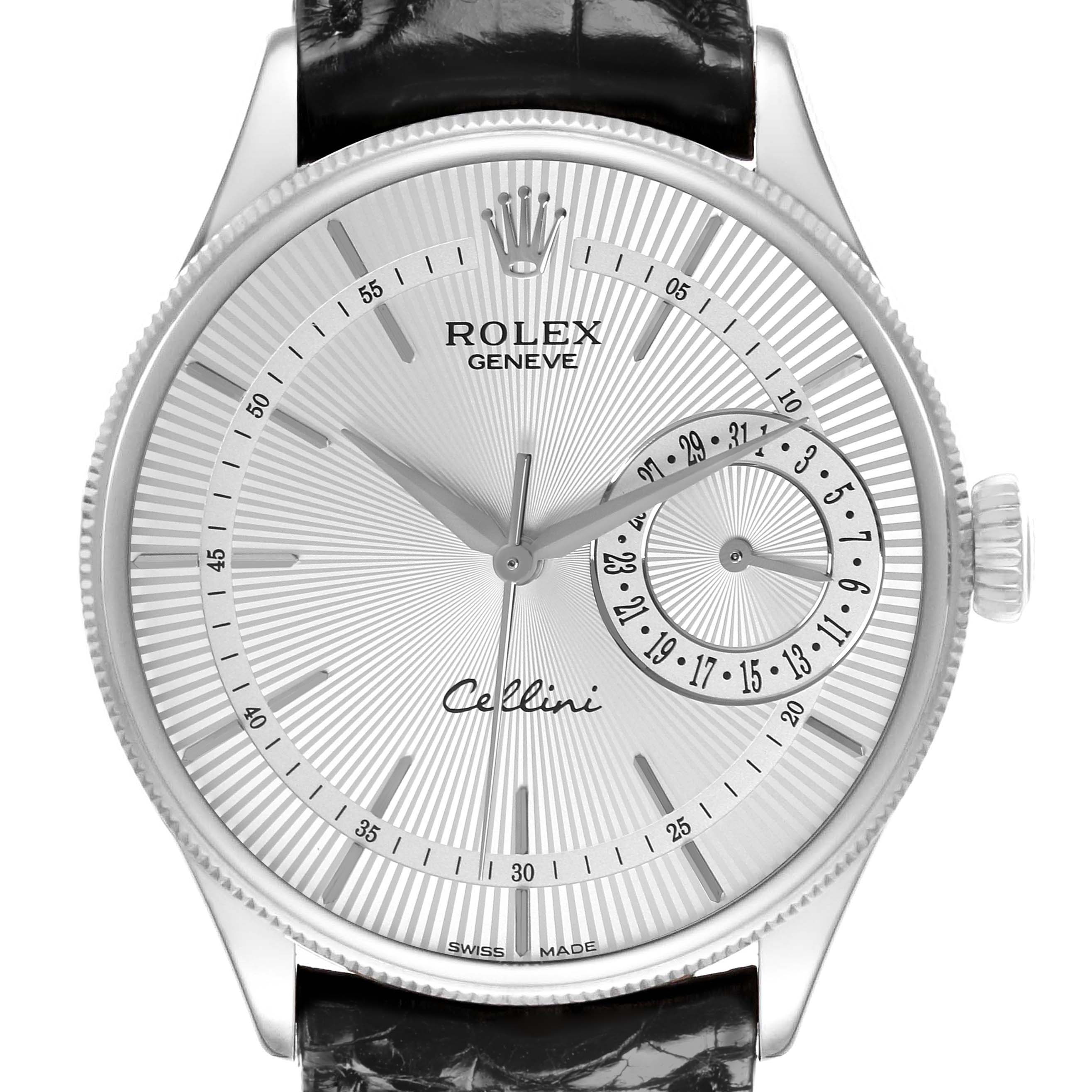 The Rolex Cellini 50519 Men's White Gold Silver Dial 50519 Men's White Gold Silver Dial watch is shown from a front angle, displaying its dial, crown, hands, and strap.