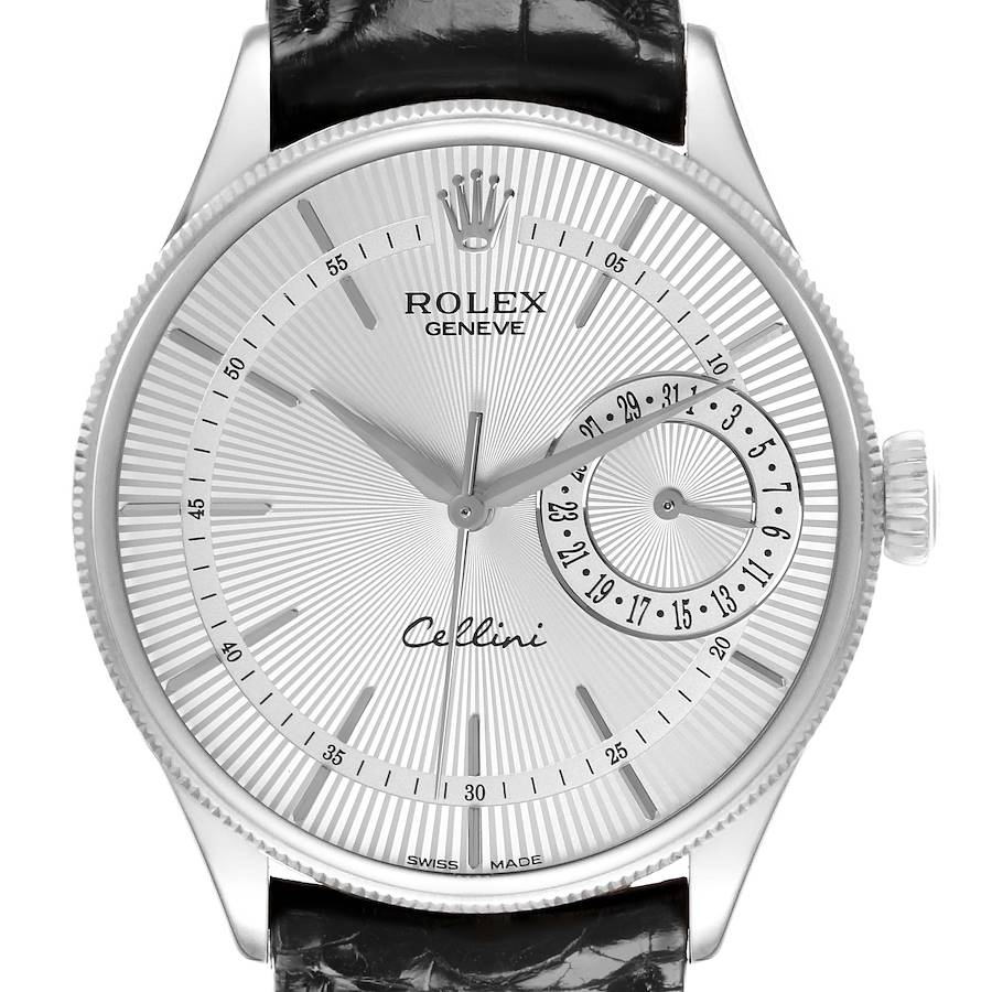 The Rolex Cellini watch is shown from a front angle, displaying its dial, crown, hands, and strap.