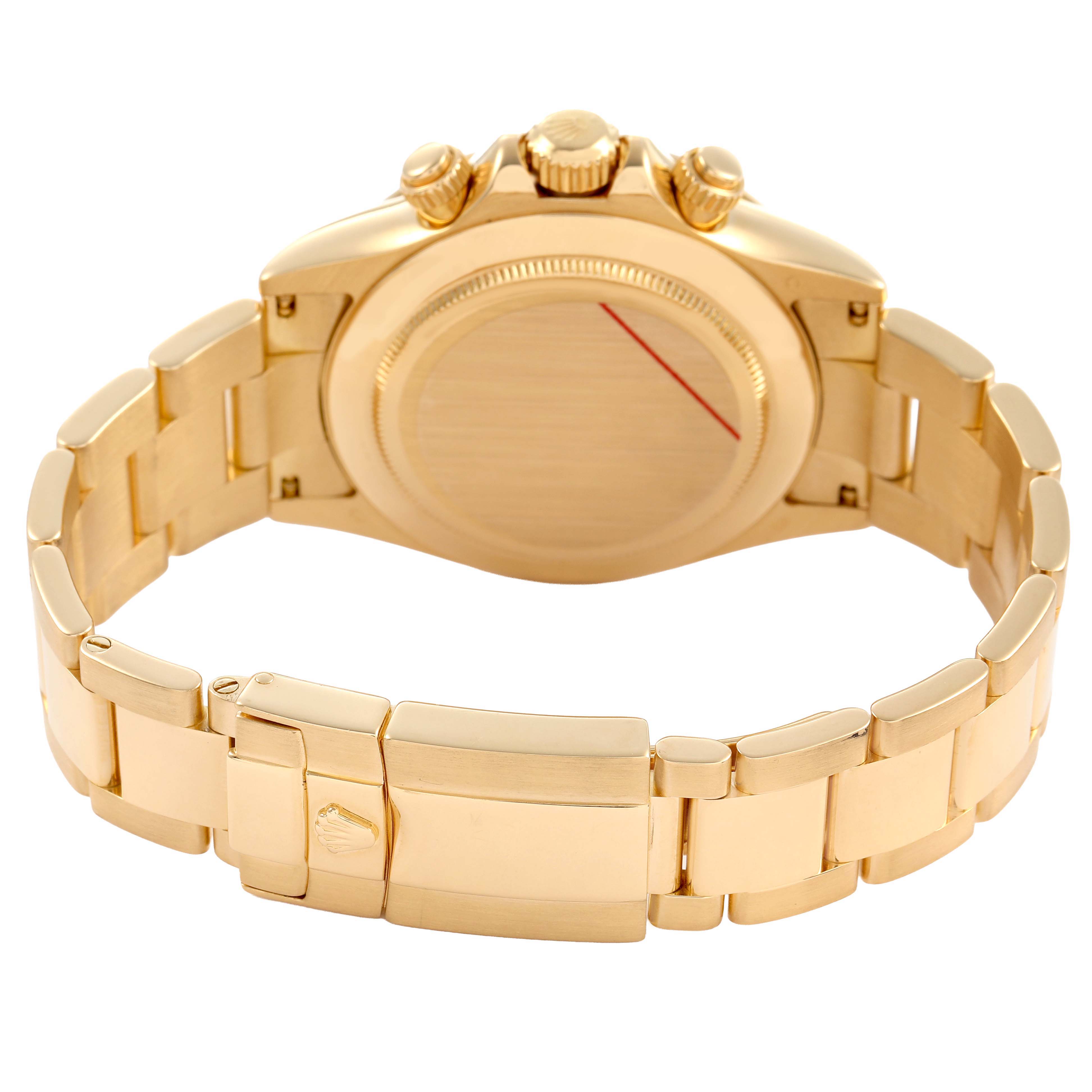 The Rolex Daytona 116528 Men's Yellow Gold Champagne Dial watch is shown from the back, highlighting its case back, bracelet, and clasp.