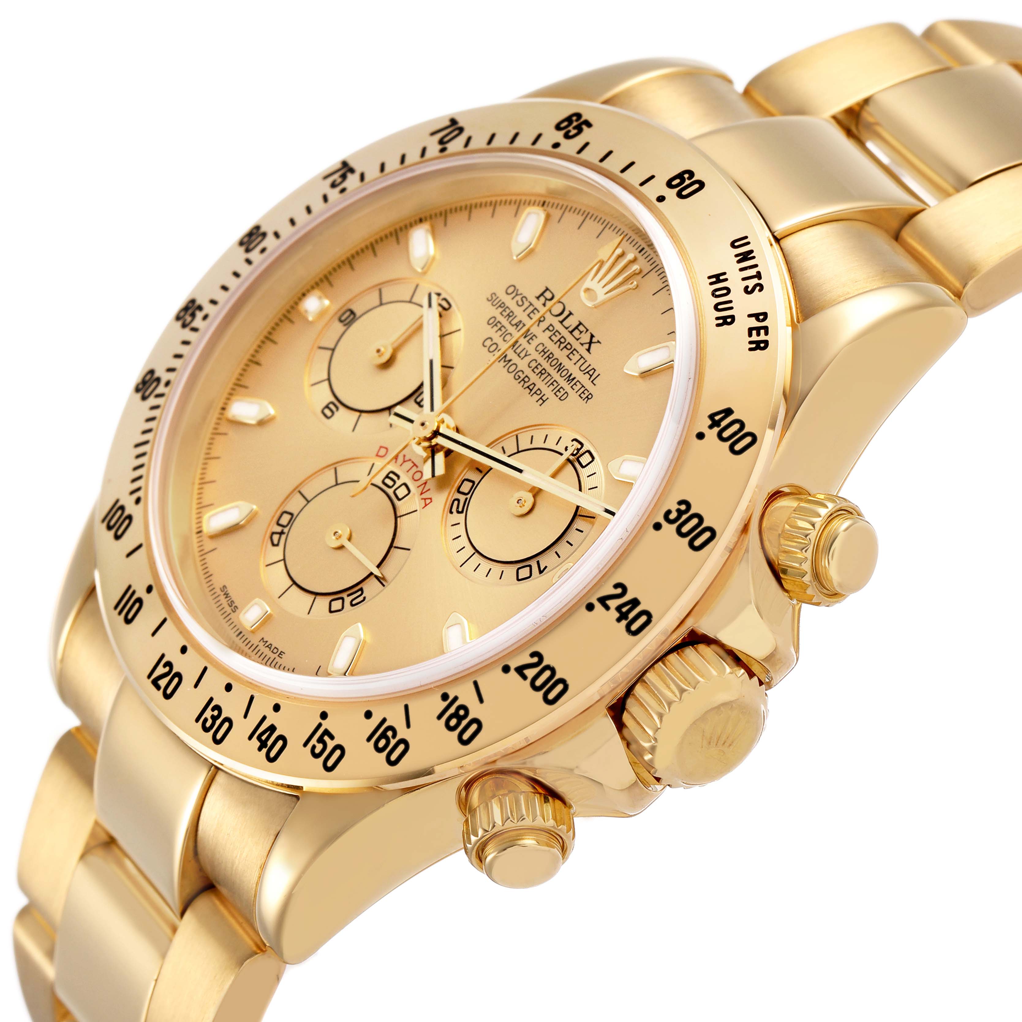 The Rolex Daytona 116528 Men's Yellow Gold Champagne Dial watch is shown at an angled side view, highlighting the gold case, bracelet, bezel, and chronograph subdials.