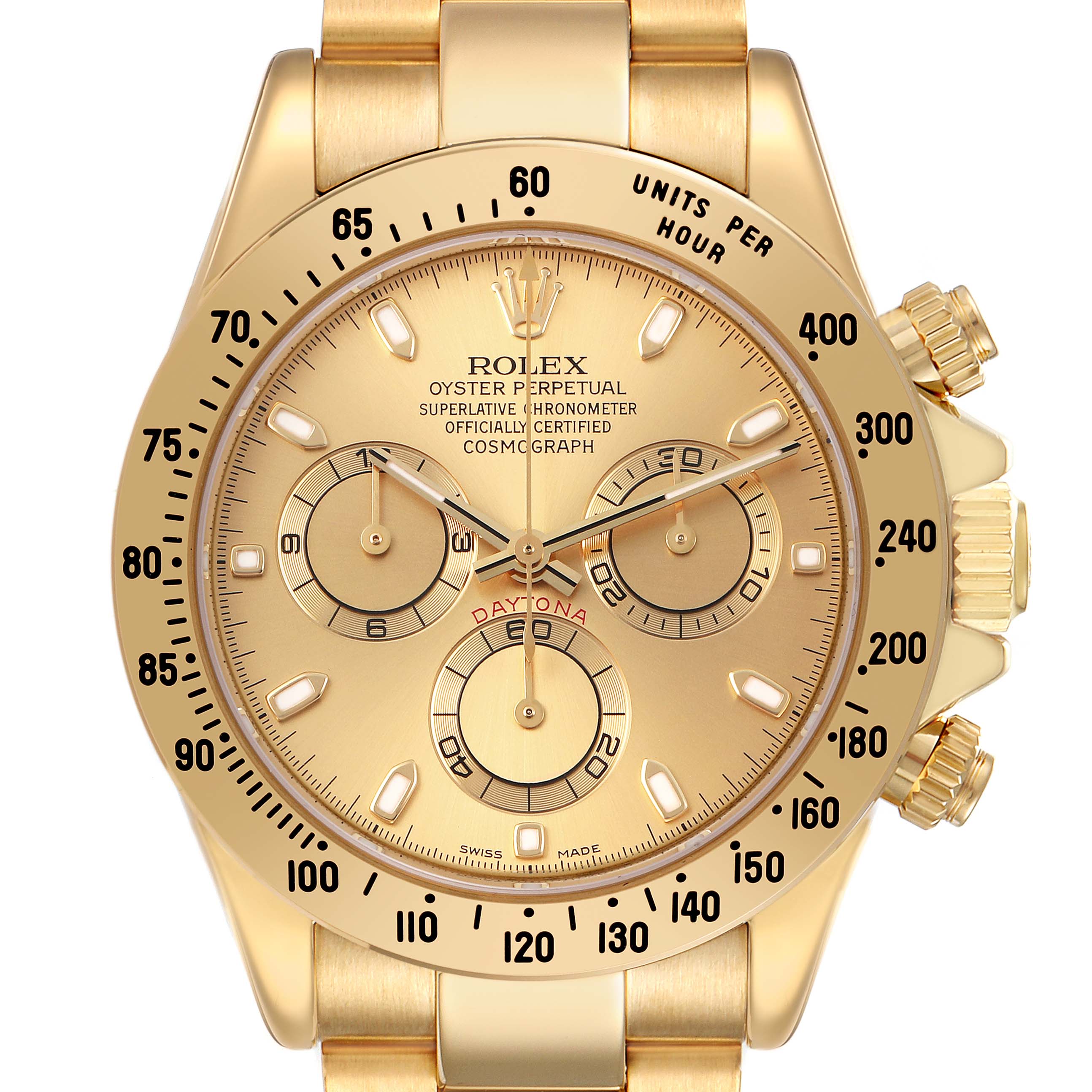 The Rolex Daytona 116528 Men's Yellow Gold Champagne Dial watch is shown from the front, highlighting the dial, bezel, crown, and pushers.