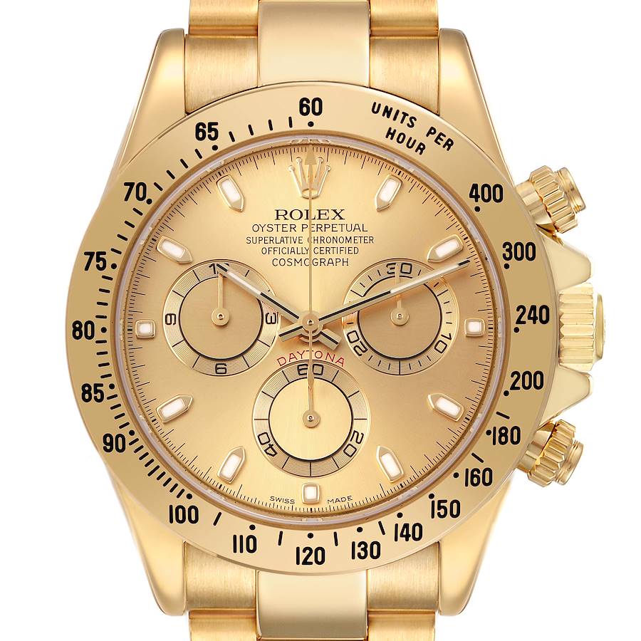 The Rolex Daytona 116528 Men's Yellow Gold Champagne Dial watch is shown from the front, highlighting the dial, bezel, crown, and pushers.