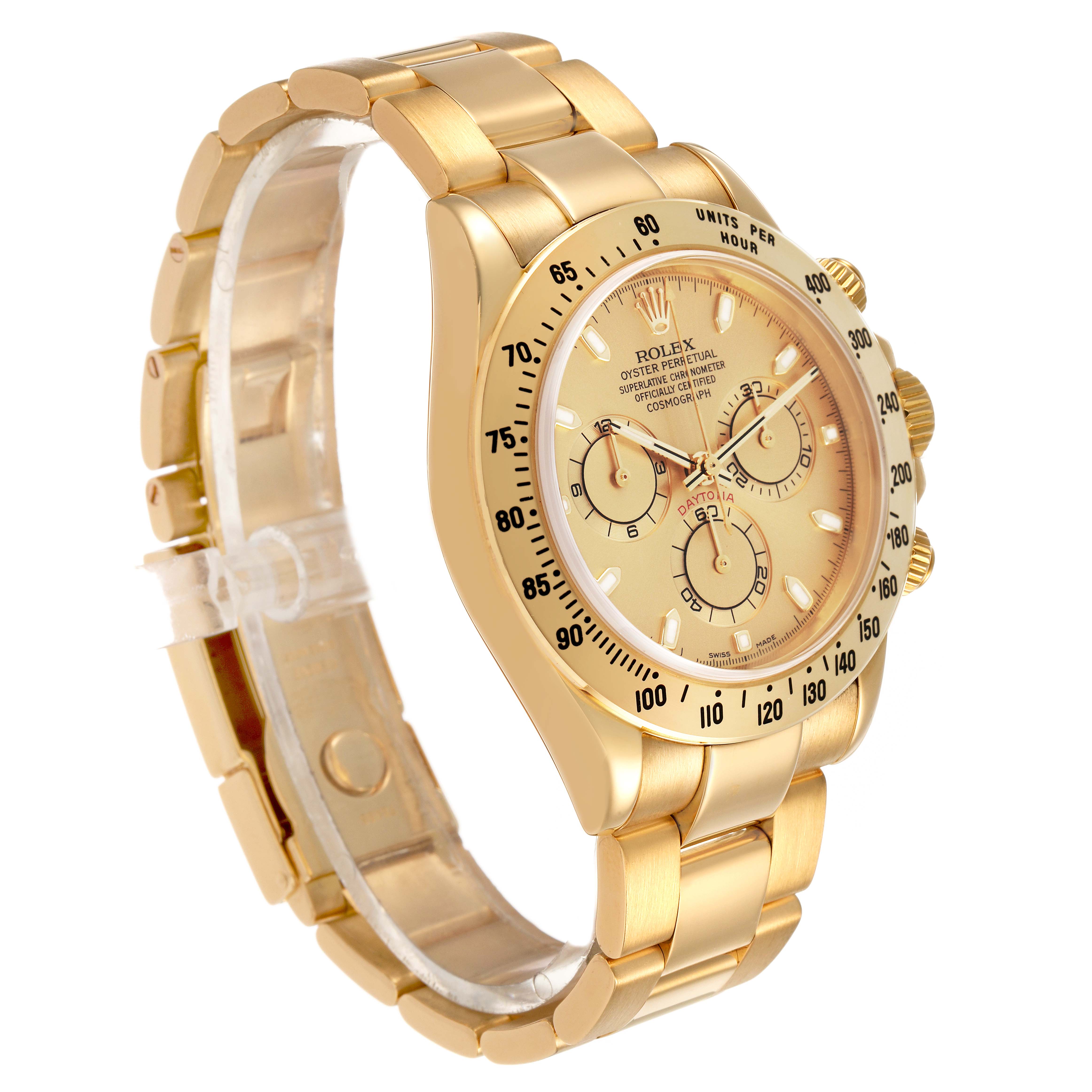 The Rolex Daytona 116528 Men's Yellow Gold Champagne Dial watch is shown at an angled side view, displaying the face, bezel, case, and part of the bracelet.