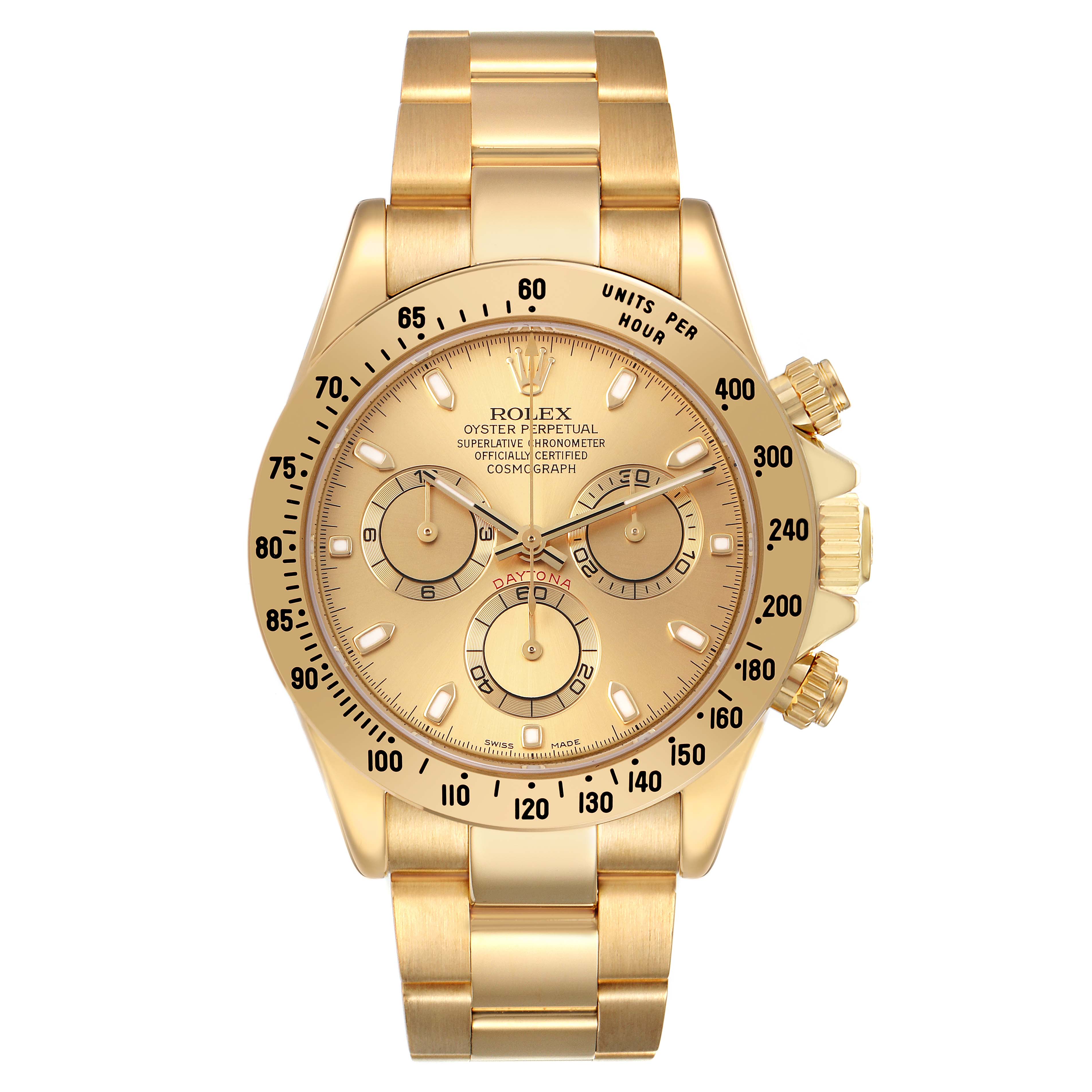 The Rolex Daytona 116528 Men's Yellow Gold Champagne Dial watch is shown from a front angle, highlighting its dial, bezel, and bracelet.