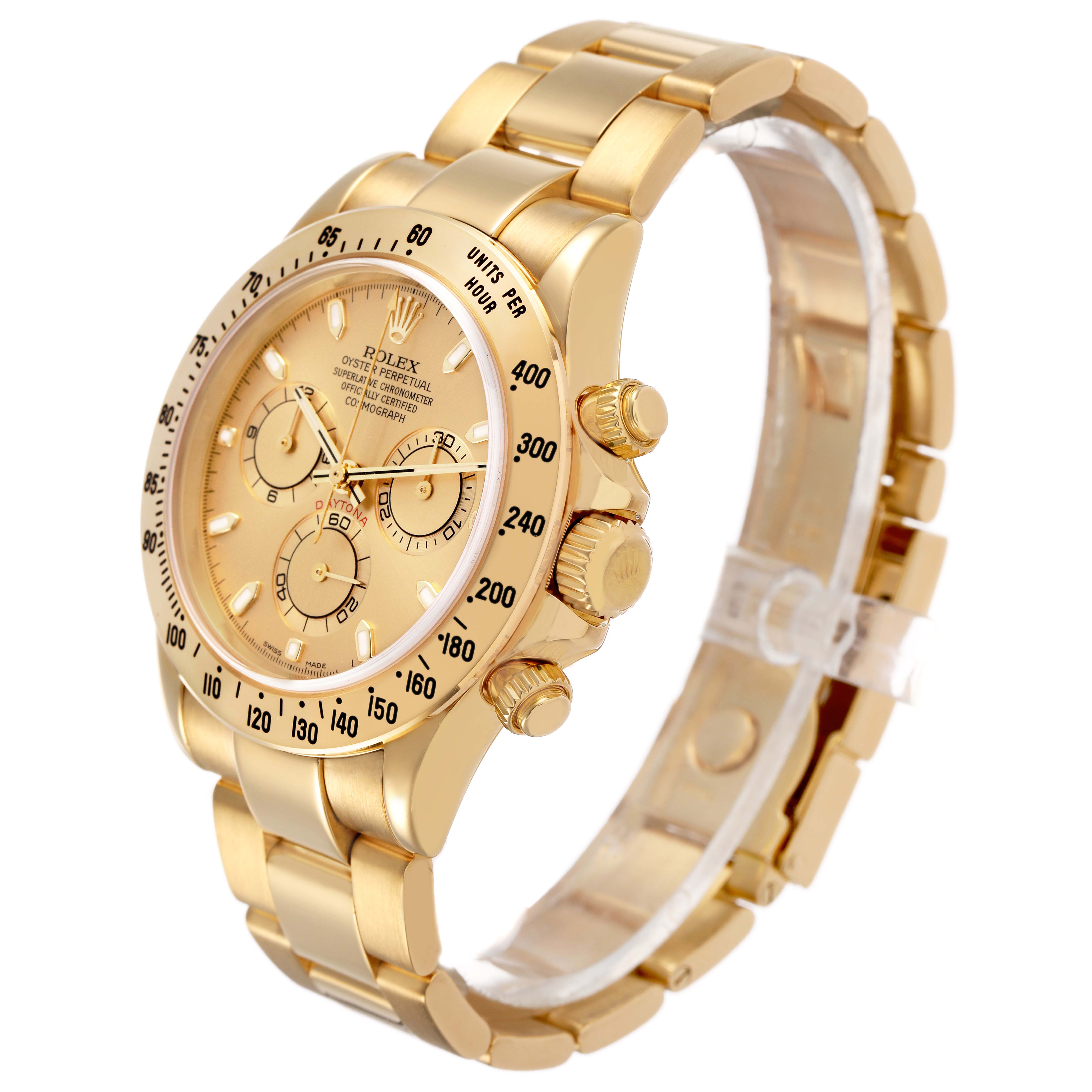 The Rolex Daytona 116528 Men's Yellow Gold Champagne Dial watch is shown from a three-quarter angle, highlighting the dial, bezel, pushers, and bracelet.