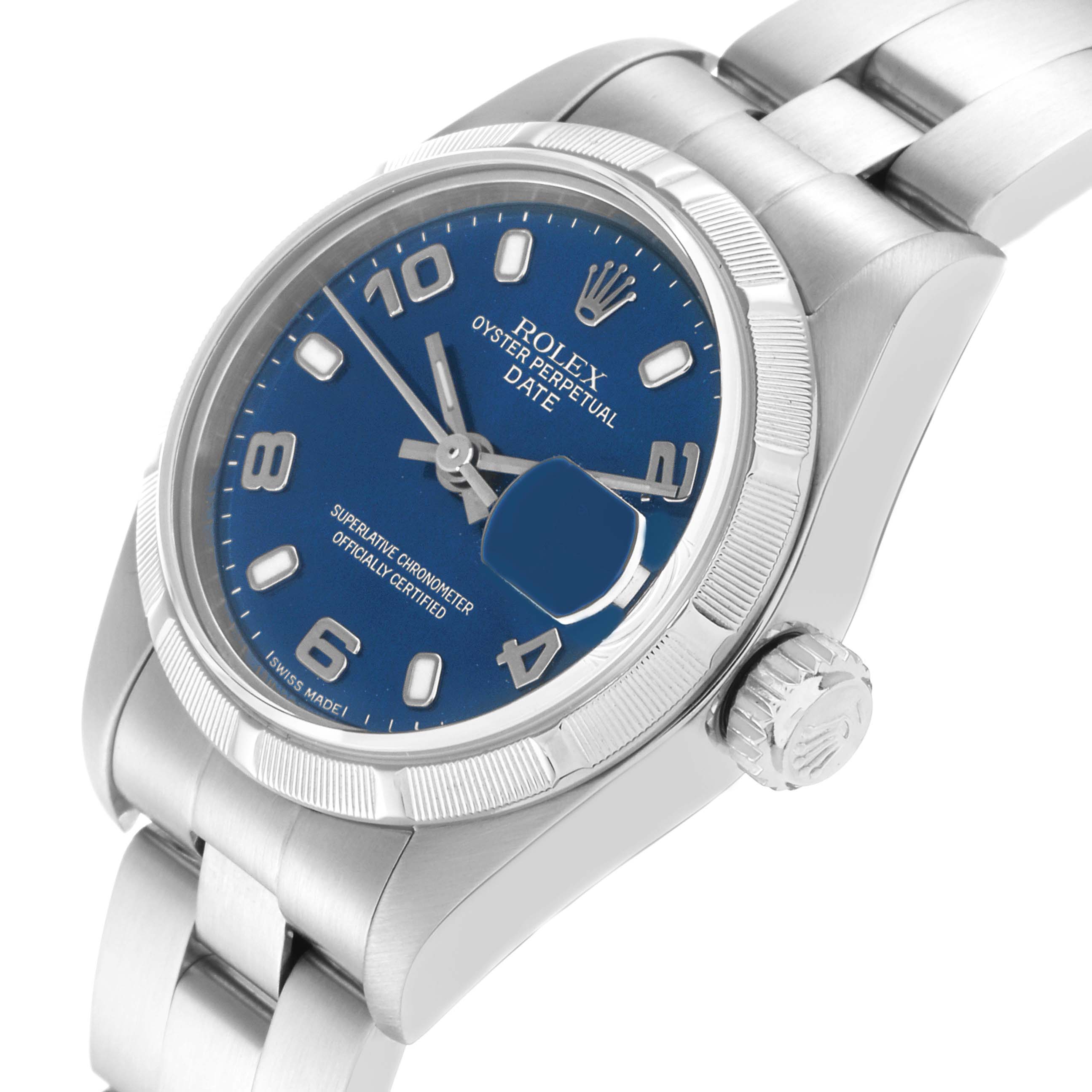 The Rolex Date 79190 Women
s Stainless Steel Blue Dial 79190 Women
s Stainless Steel Blue Dial watch is shown from an angled side view, highlighting the dial, case, crown, and bracelet.