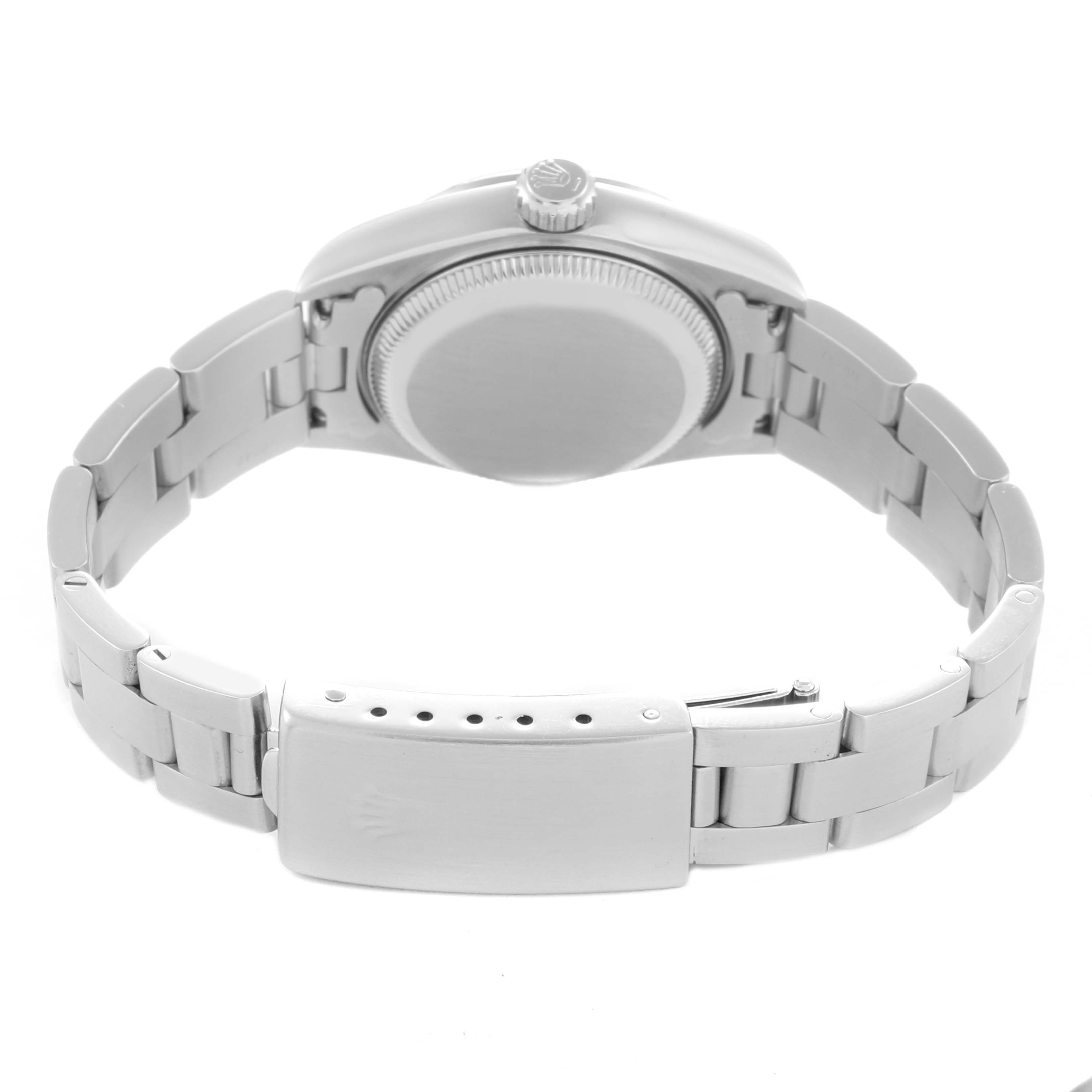 The image shows the back view of a Rolex Date 79190 Women
s Stainless Steel Blue Dial 79190 Women
s Stainless Steel Blue Dial model watch, highlighting the clasp, bracelet, case back, and crown.