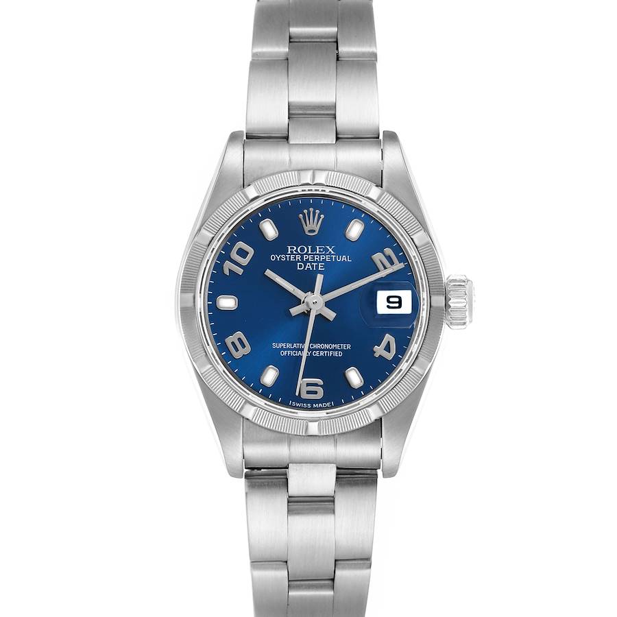 The Rolex Date watch is shown from a frontal angle, displaying the blue dial, bezel, bracelet, and date feature clearly.