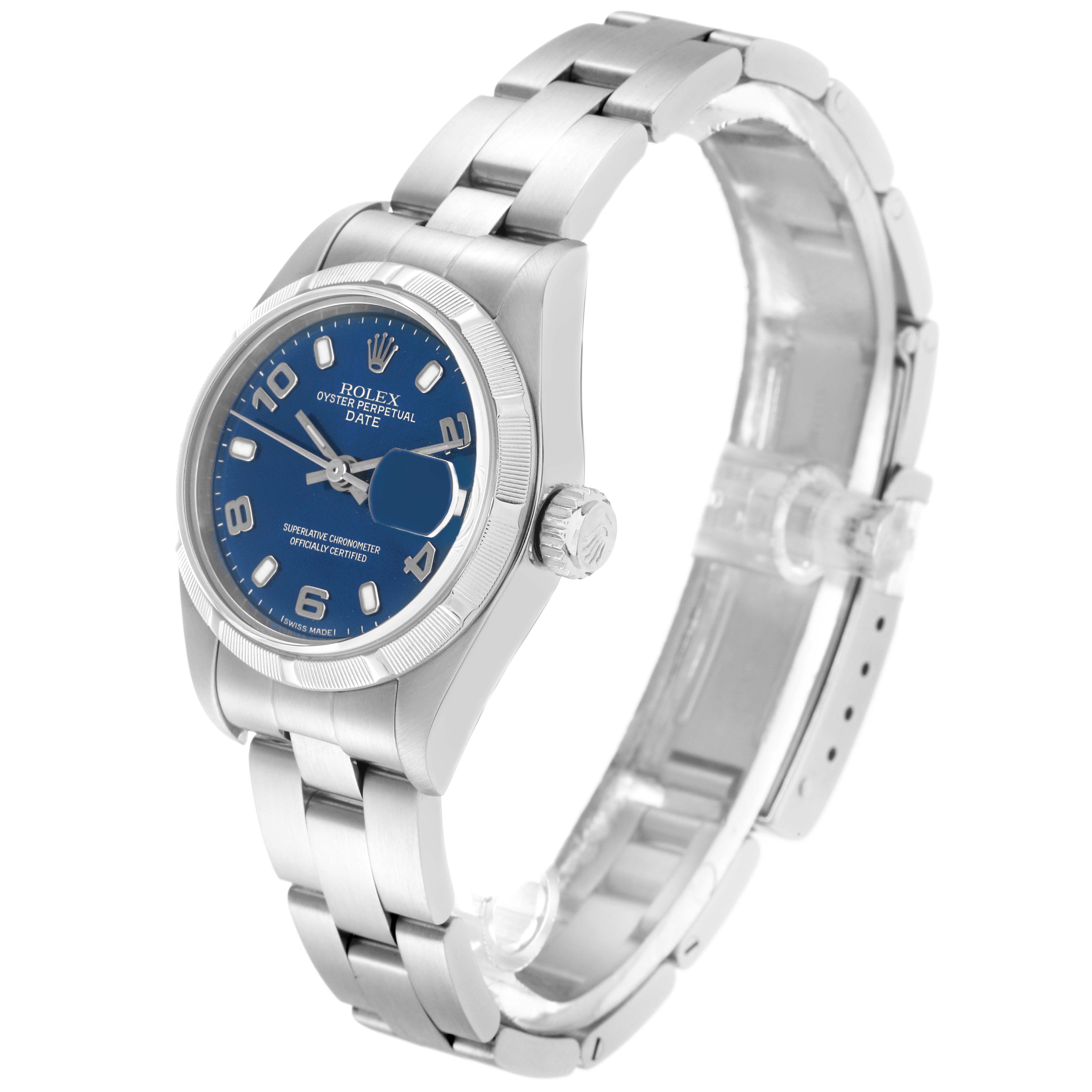 The Rolex Date 79190 Women
s Stainless Steel Blue Dial 79190 Women
s Stainless Steel Blue Dial watch is shown at a three-quarter angle, highlighting the dial, bezel, crown, and part of the bracelet.