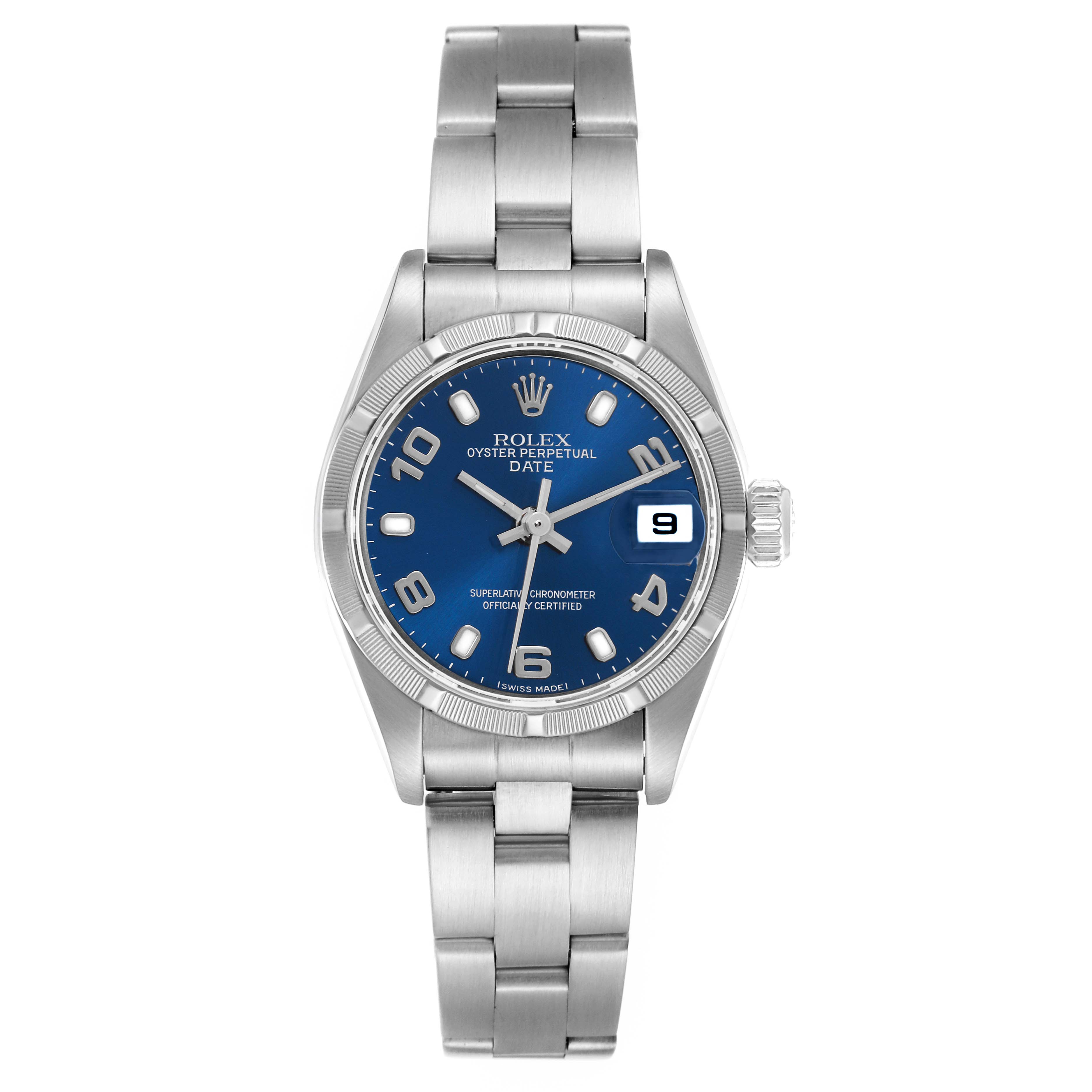 The Rolex Date 79190 Women
s Stainless Steel Blue Dial 79190 Women
s Stainless Steel Blue Dial watch is shown from a front angle, displaying its blue dial, bezel, case, bracelet, and crown.