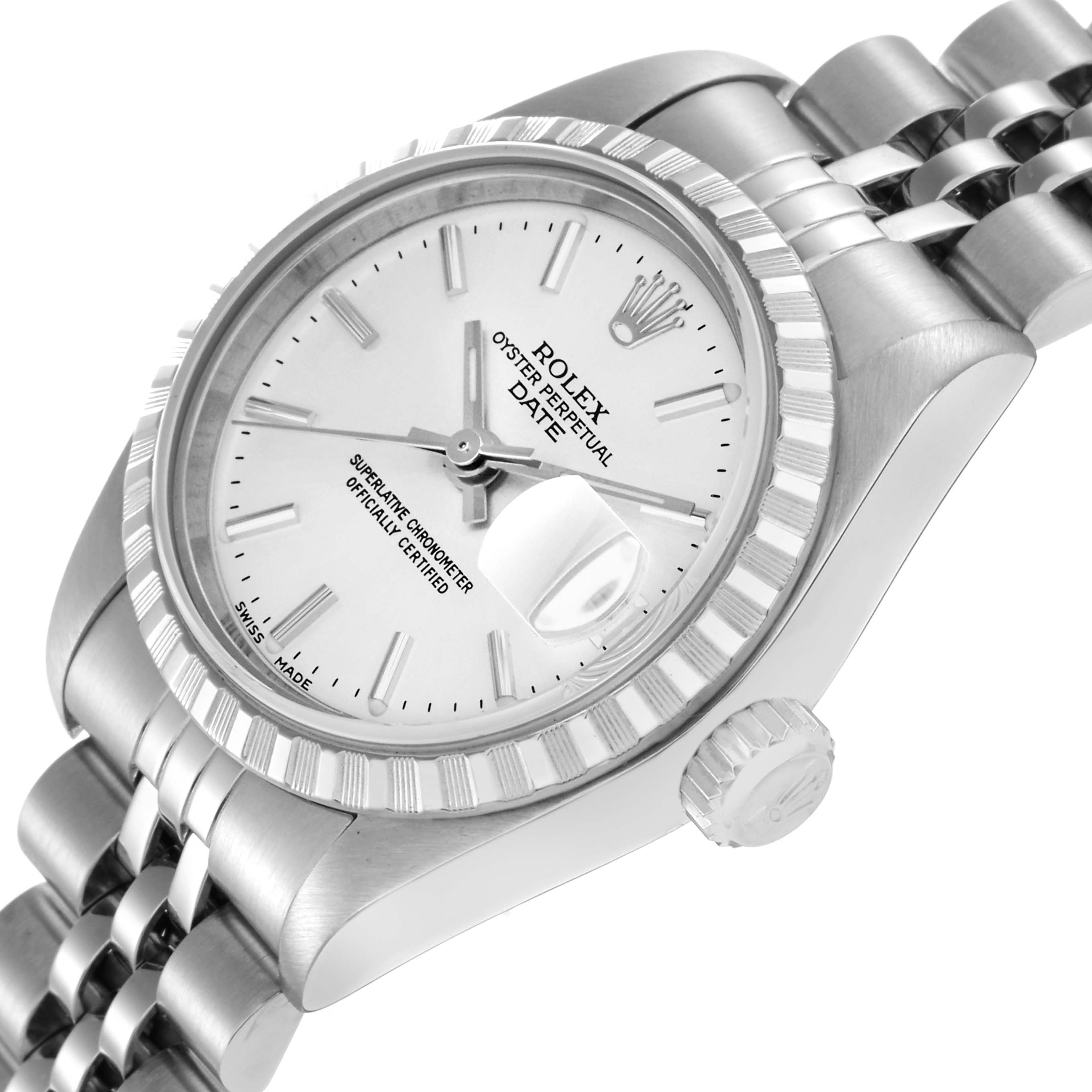 The Rolex Datejust 79240 Women
s Stainless Steel Silver Dial 79240 Women
s Stainless Steel Silver Dial watch is shown from a top-side angle, displaying the dial, fluted bezel, and part of the bracelet and crown.