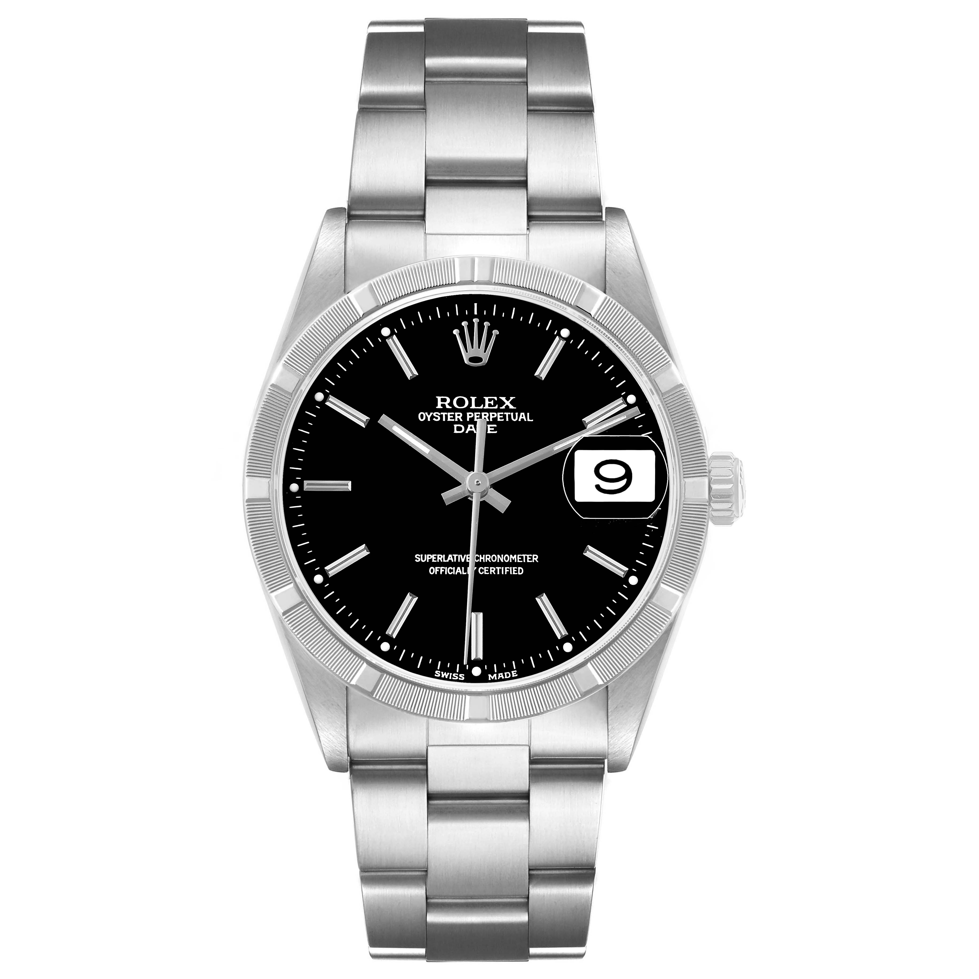 The Rolex Date 15210 Men's Stainless Steel Black Dial model watch is shown from a front angle, displaying the dial, hands, date window, and bracelet.