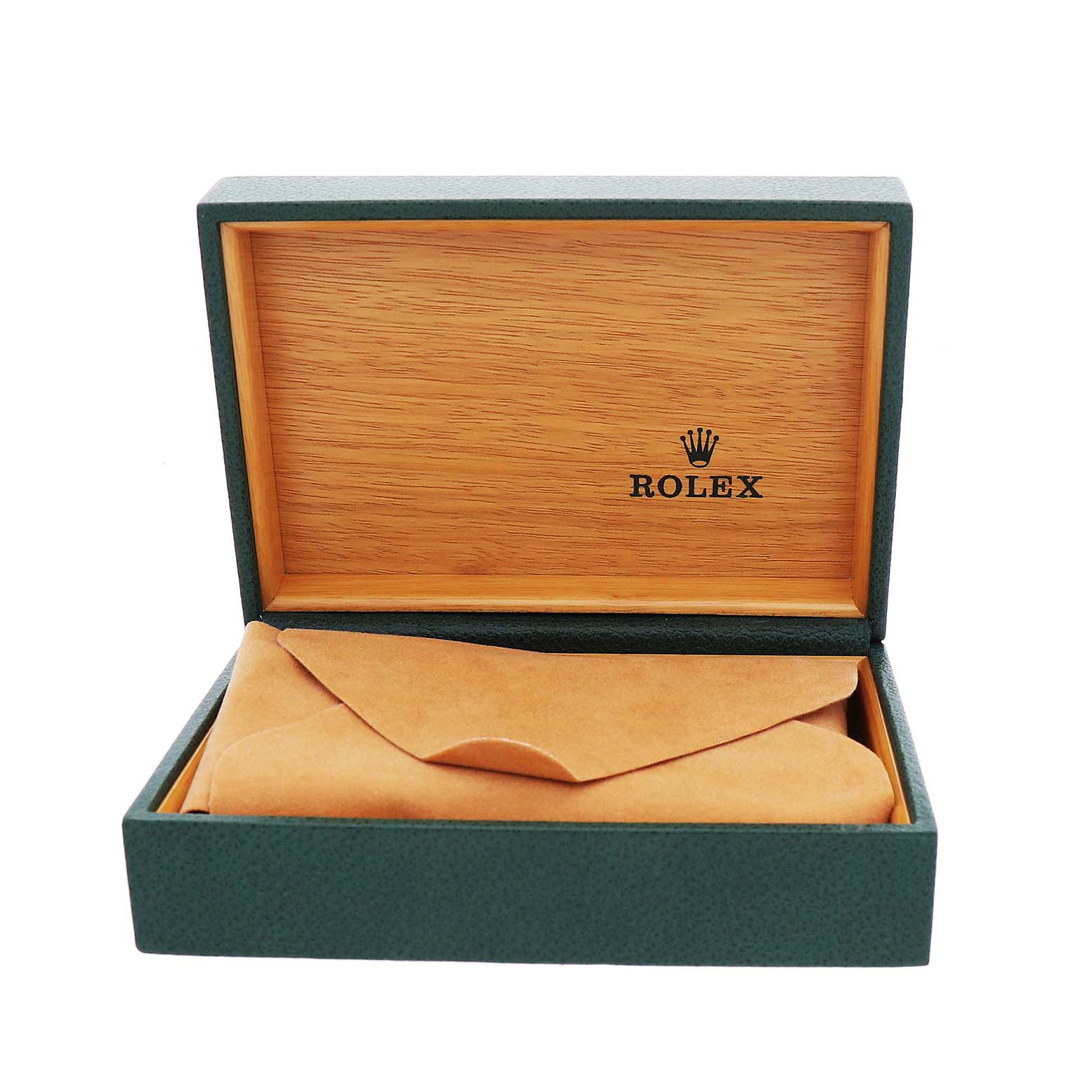 The image shows an open Rolex watch box with the Date model packaging, featuring a green exterior and wooden interior.