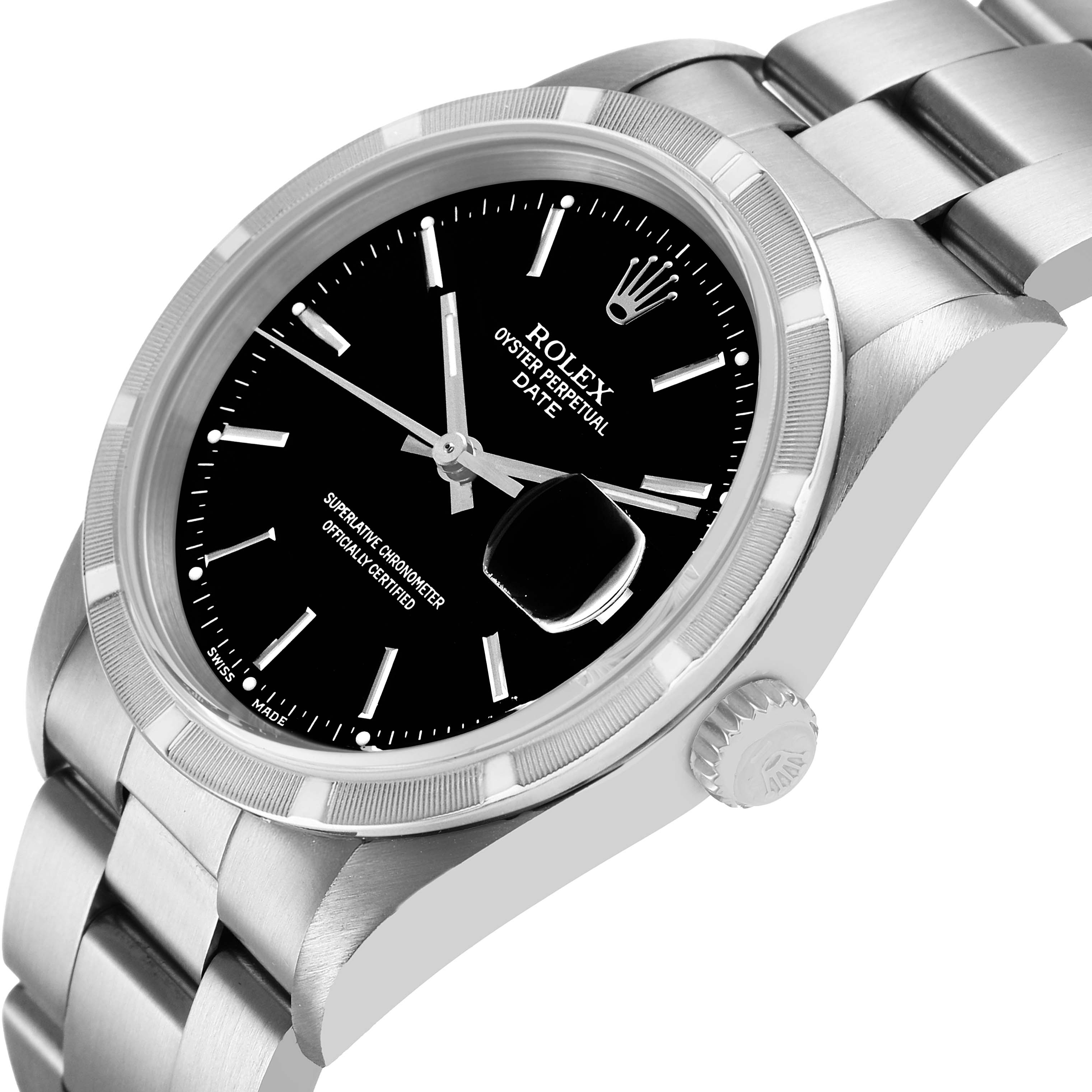 The Rolex Date 15210 Men's Stainless Steel Black Dial watch is shown at a three-quarter angle, displaying the bezel, crown, and partial bracelet.