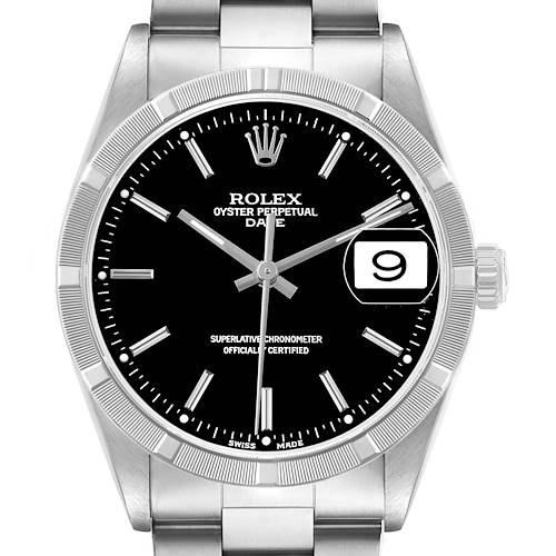 The Rolex Date 15210 Men's Stainless Steel Black Dial watch is shown from the front, highlighting its black dial, date window, and stainless steel bracelet.