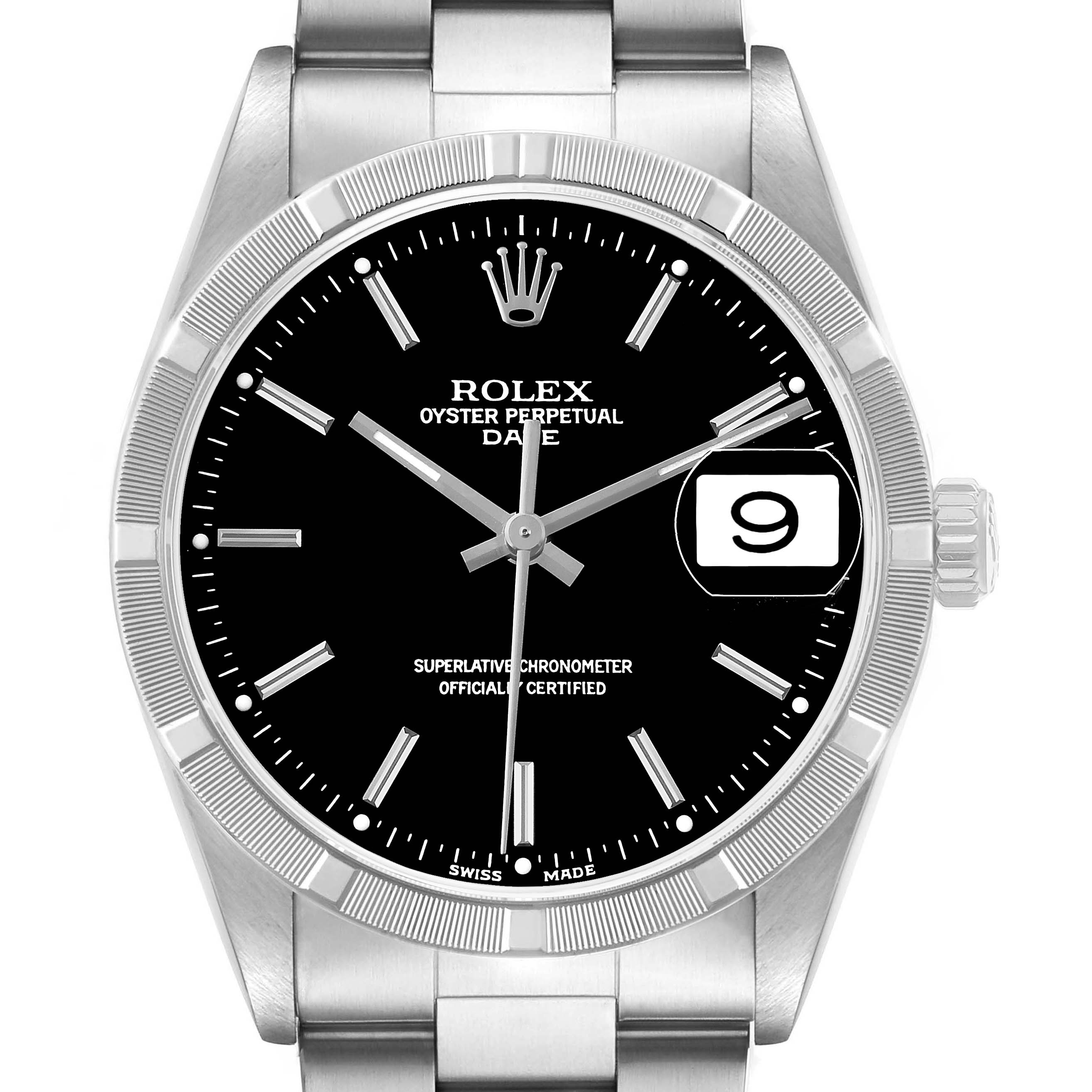 The Rolex Date 15210 Men's Stainless Steel Black Dial model watch is shown from a front angle, displaying the face, bezel, crown, and part of the bracelet.