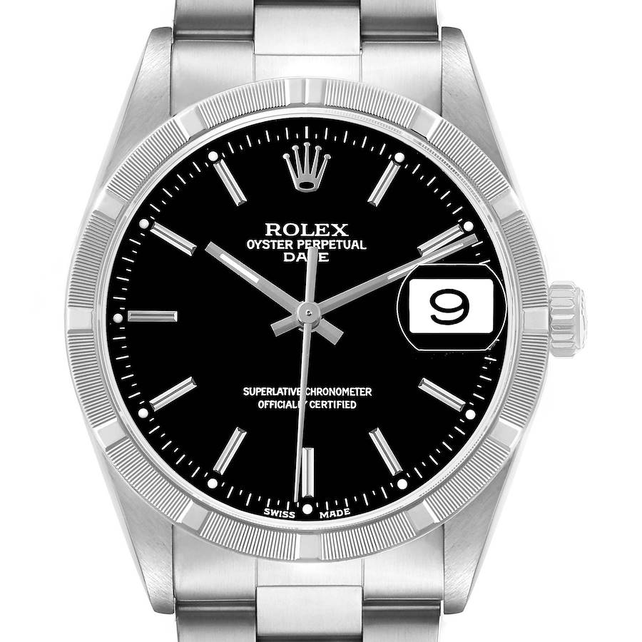 The Rolex Date 15210 Men's Stainless Steel Black Dial model watch is shown from a front angle, displaying the face, bezel, crown, and part of the bracelet.