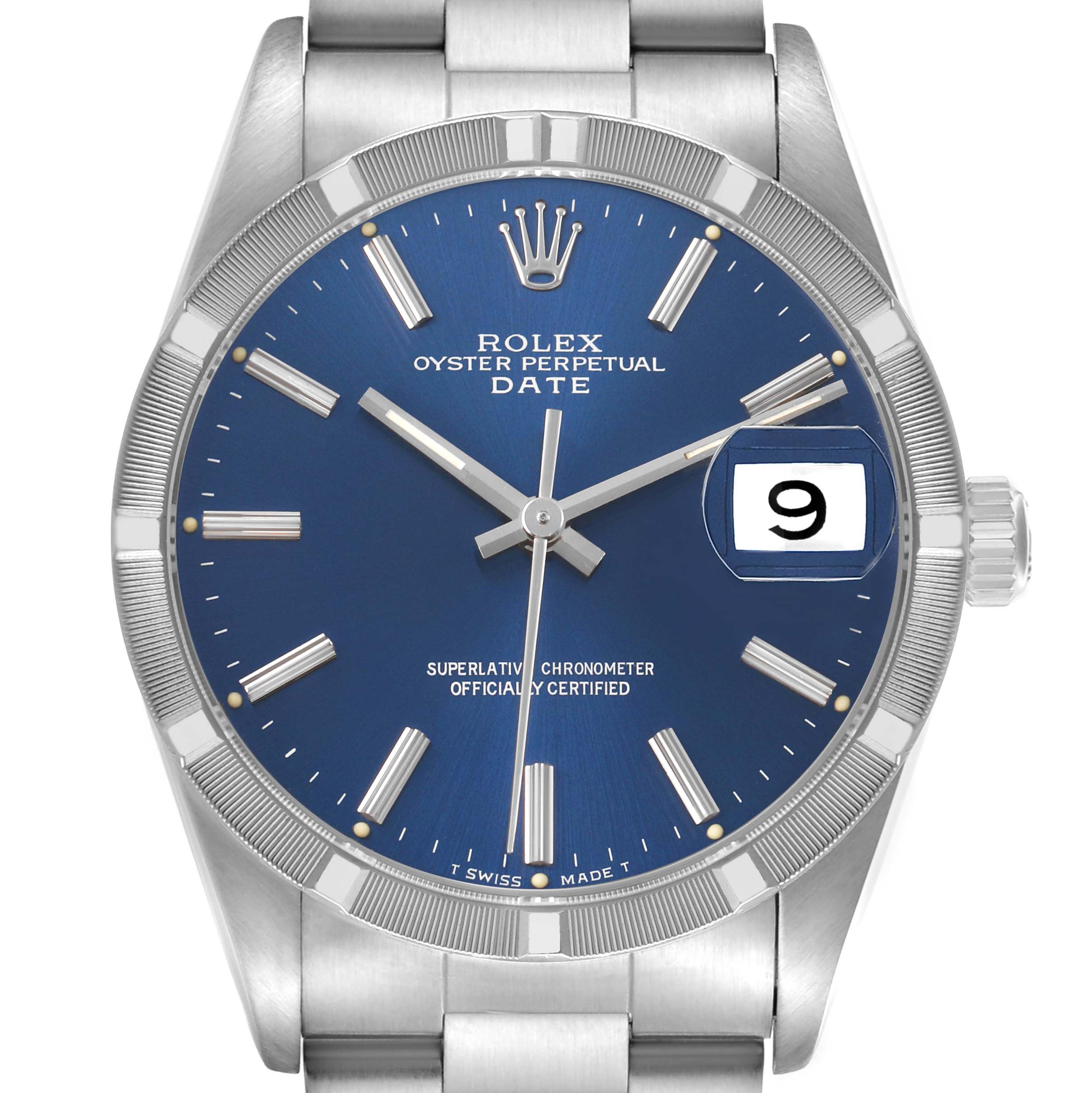 The image shows a frontal view of the Rolex Date 15210 Men's Stainless Steel Blue Dial watch, highlighting the blue dial, date window, and stainless steel bracelet.