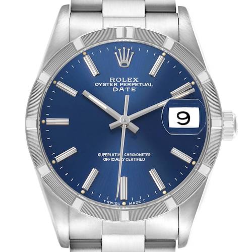 The Rolex Date 15210 Men's Stainless Steel Blue Dial watch is shown from the front, highlighting the blue dial, hands, date window, and stainless steel bracelet.