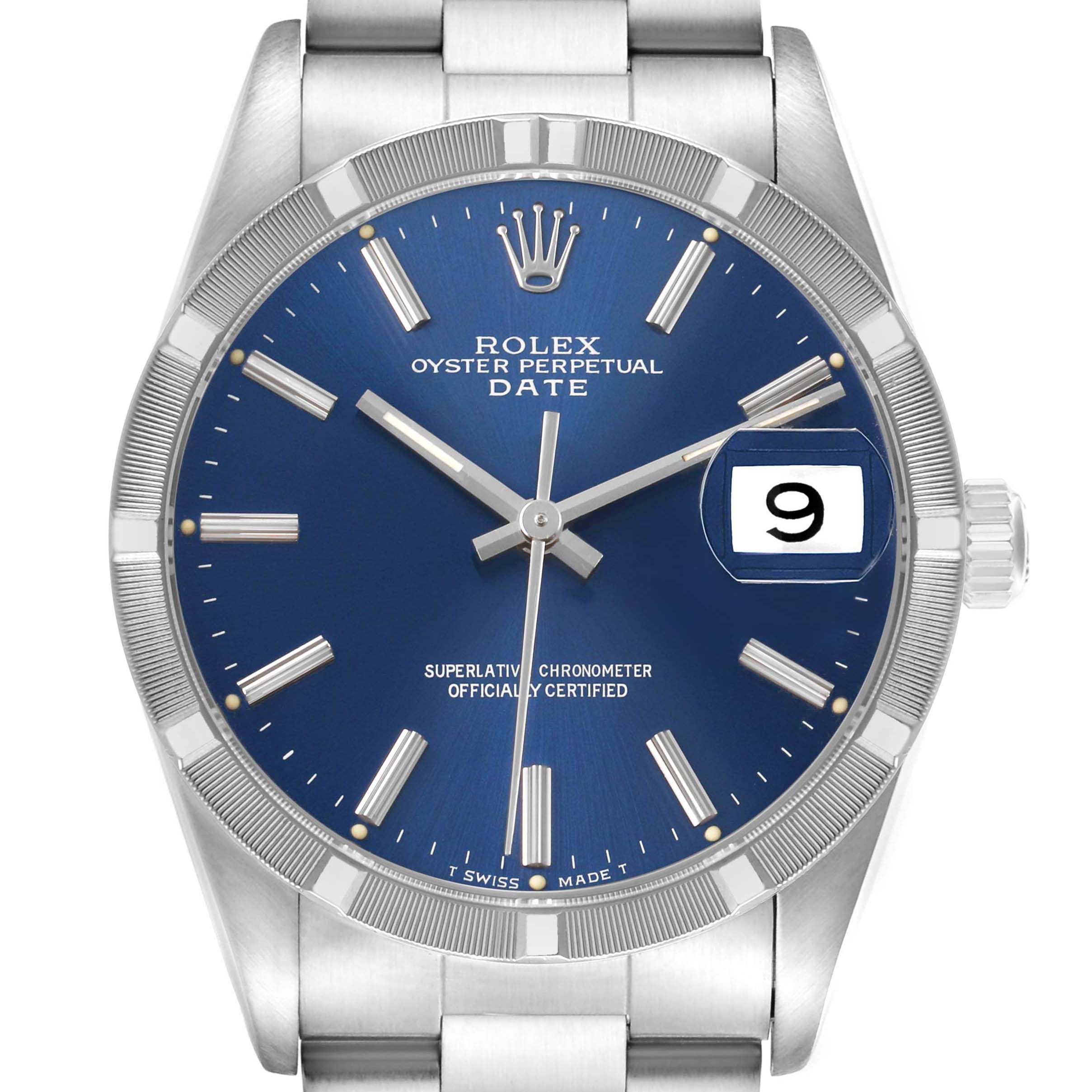 The Rolex Date 15210 Men's Stainless Steel Blue Dial model is shown from a front angle, displaying the dial, bezel, hands, crown, and bracelet.