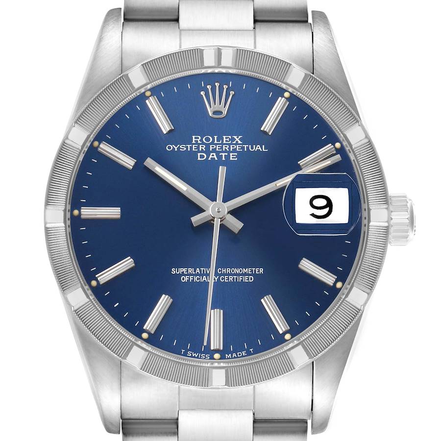 The Rolex Date 15210 Men's Stainless Steel Blue Dial model is shown from a front angle, displaying the dial, bezel, hands, crown, and bracelet.