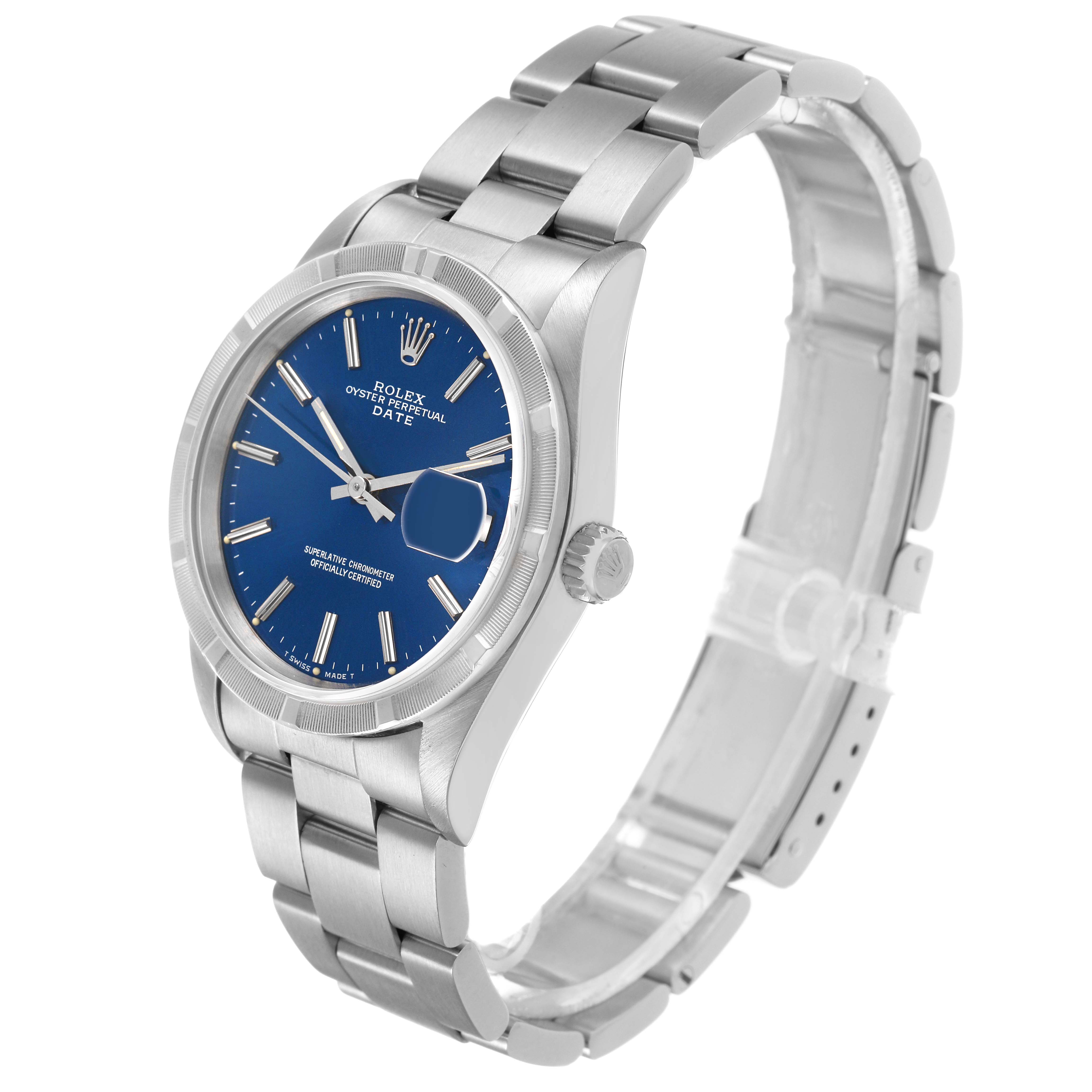 The Rolex Date 15210 Men's Stainless Steel Blue Dial watch is shown at a three-quarter angle, displaying the bracelet, case, dial, and crown.