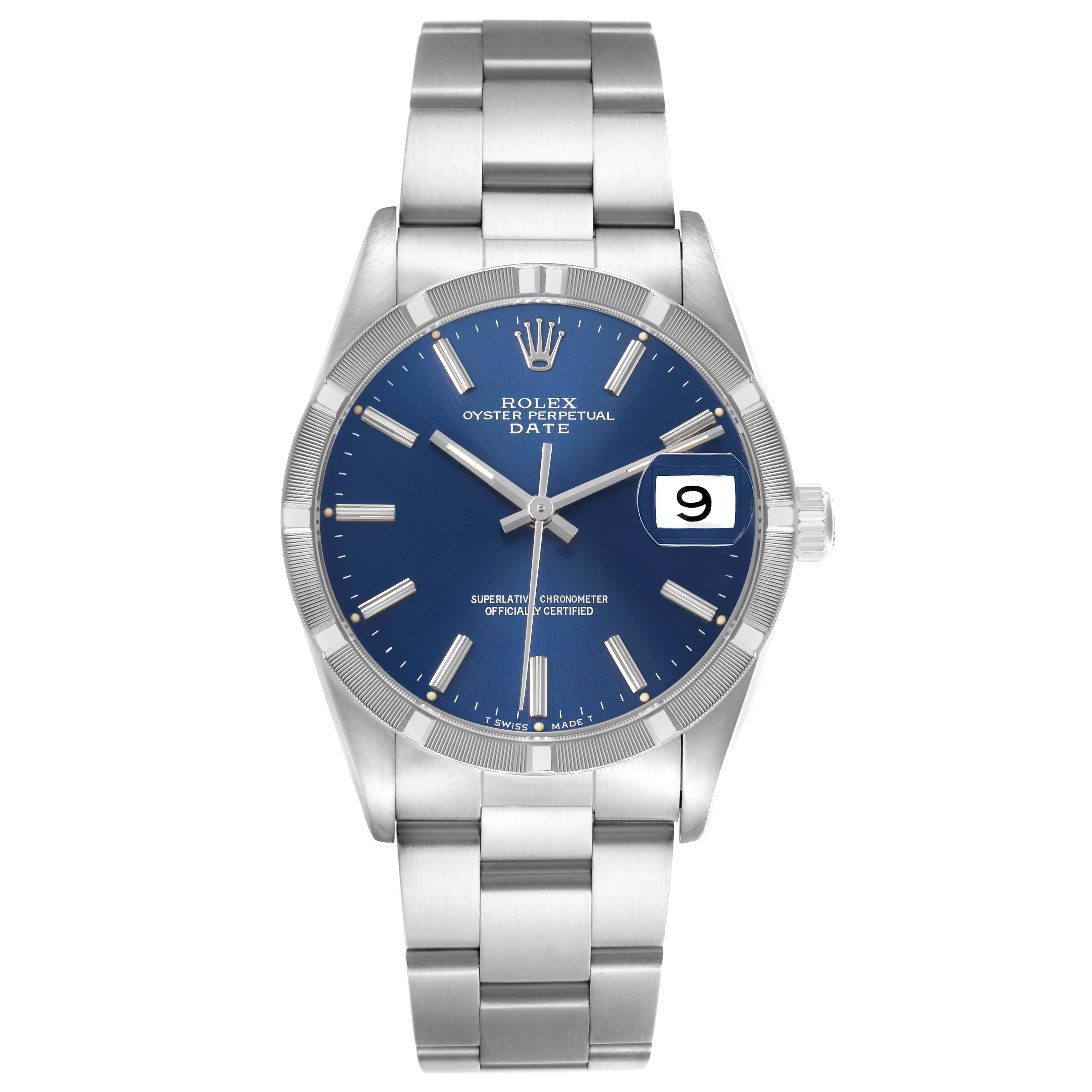 The Rolex Date 15210 Men's Stainless Steel Blue Dial watch is shown from the front, highlighting its blue dial, stainless steel bracelet, and date window.